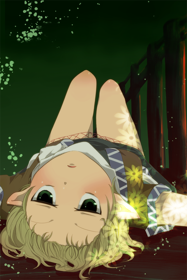 aoi (annbi), mizuhashi parsee, touhou, 1girl, bare legs, blonde hair, bored, female focus, forehead, green eyes, jitome, lying, on back, pointy ears, short hair, solo, upside-down