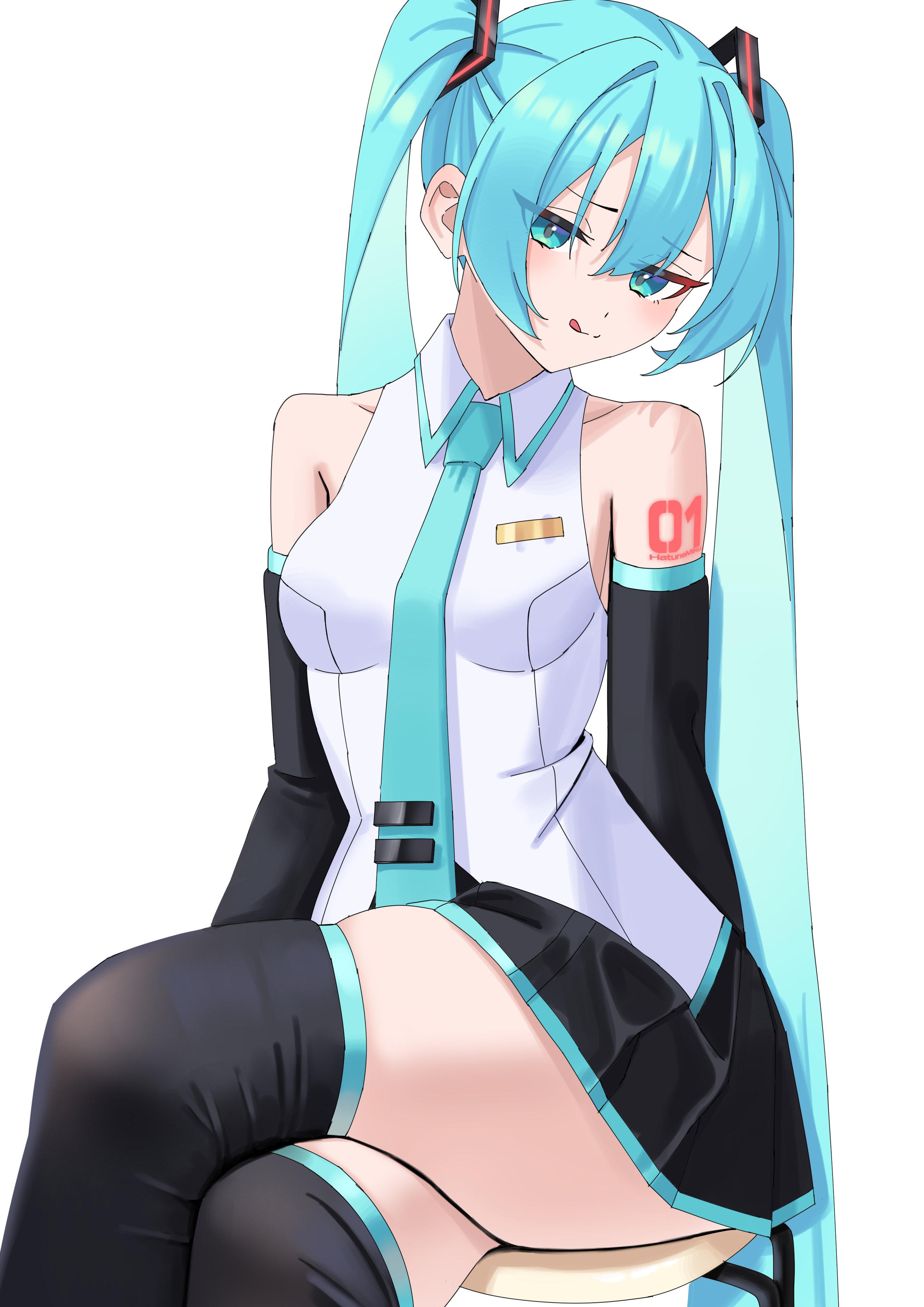 amaama (beccyonaika1), hatsune miku, vocaloid, absurdres, commentary request, highres, 1girl, :q, aqua eyes, aqua hair, aqua necktie, black skirt, black sleeves, black thighhighs, collared shirt, detached sleeves, double-parted bangs, eyes visible through hair, grey shirt, long hair, necktie, number tattoo, on stool, shirt, simple background, sitting, skirt, solo, tattoo, thighhighs, thighs, tongue, tongue out, twintails, very long hair, white background