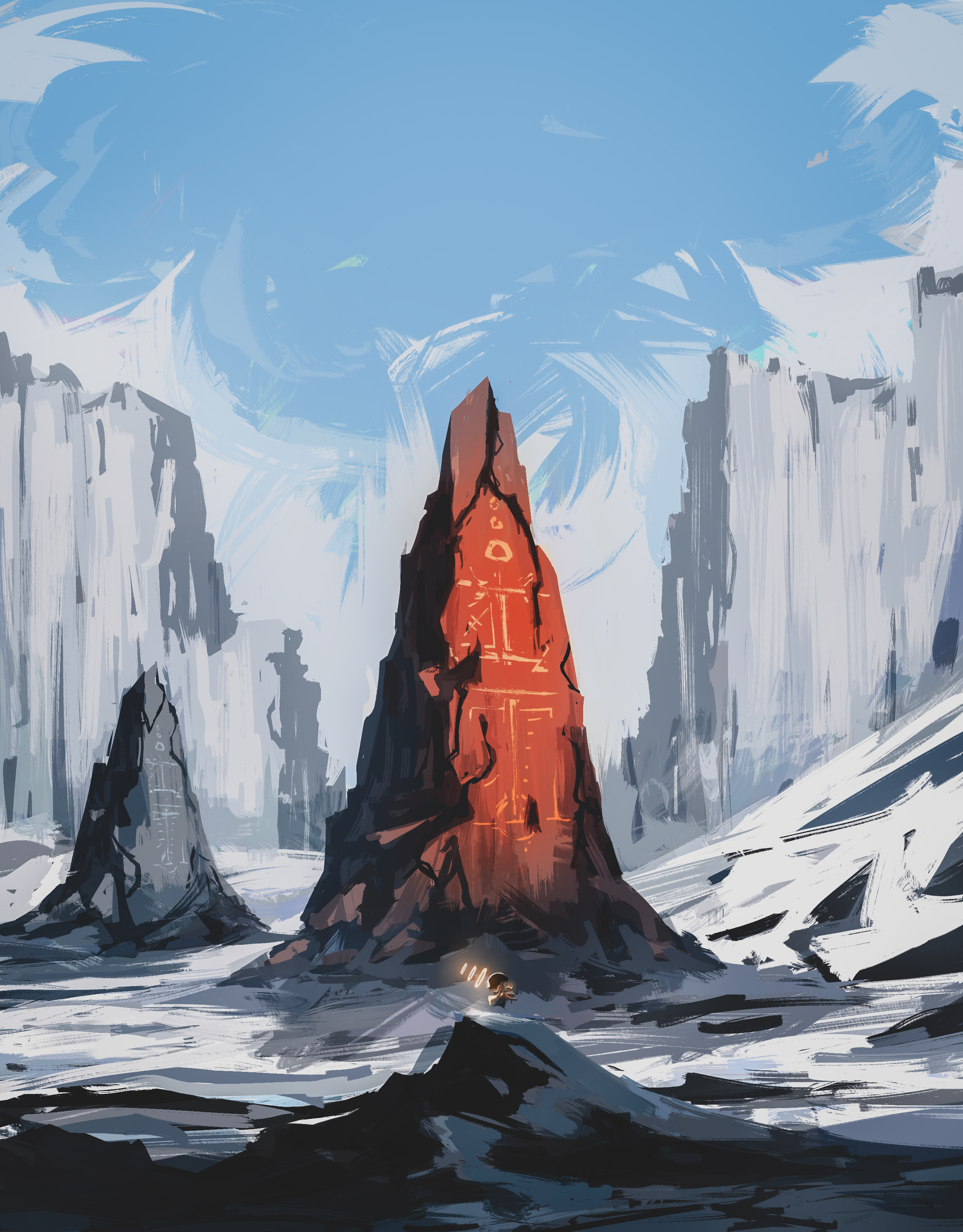 titanartx, original, absurdres, commentary, english commentary, highres, 1girl, blue sky, boulder, day, floating, halo, mountain, mountainous horizon, multiple halos, outdoors, scenery, sky, solo, very wide shot, yellow halo