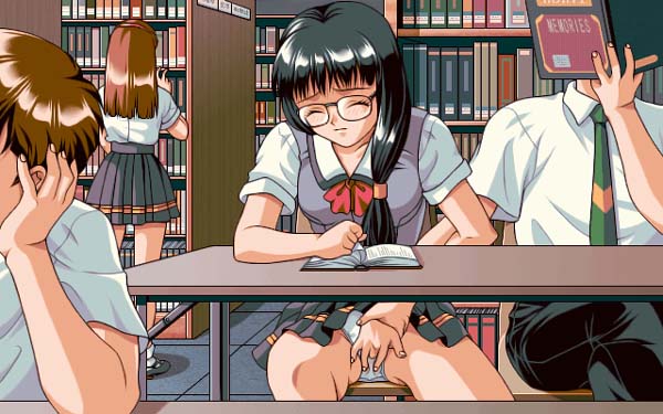 2boys, 2girls, black hair, book, closed eyes, clothes lift, couple, exhibitionism, fingering, glasses, library, masturbation, multiple boys, multiple girls, public indecency, skirt, skirt lift, under table