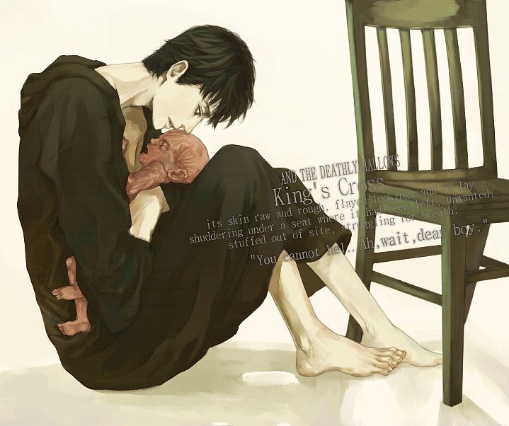 furayu (flayu), numeri (pixiv), tom marvolo riddle, voldemort, harry potter (series), wizarding world, spoilers, 1boy, barefoot, brown hair, chair, feet, short hair