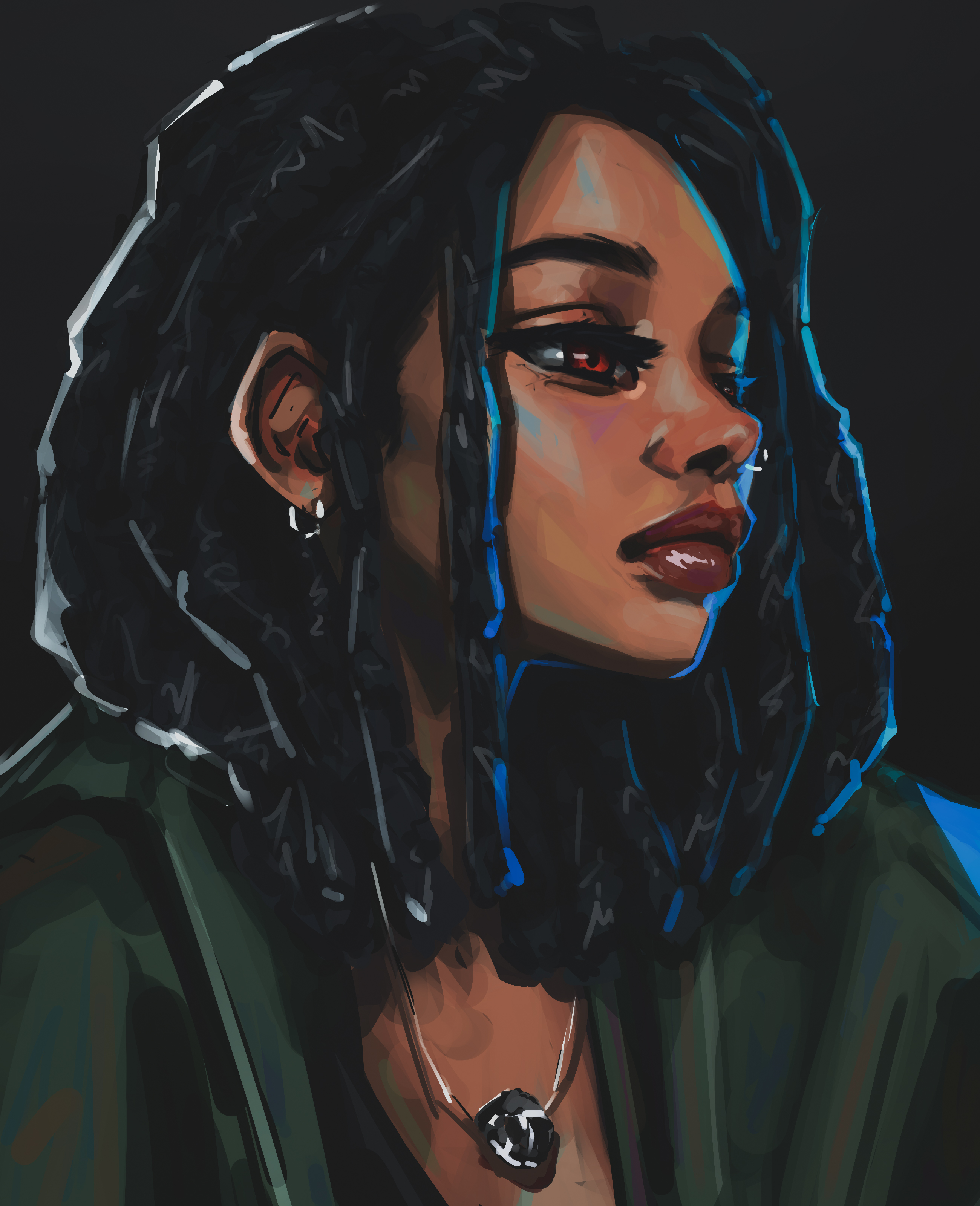 titanartx, original, absurdres, art study, commentary, english commentary, highres, 1girl, black background, black hair, brown eyes, closed mouth, dark-skinned female, dark skin, dreadlocks, earrings, jewelry, lips, looking ahead, medium hair, necklace, nose, portrait, realistic, solo