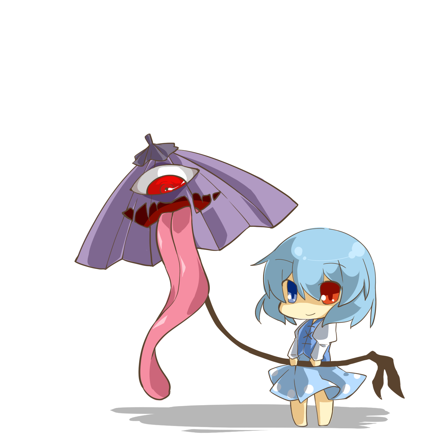 eiri (eirri), tatara kogasa, touhou, bad id, bad pixiv id, highres, 1girl, blue eyes, blue hair, chibi, female focus, full body, heterochromia, karakasa obake, matching hair/eyes, red eyes, short hair, solo, tongue, umbrella, white background
