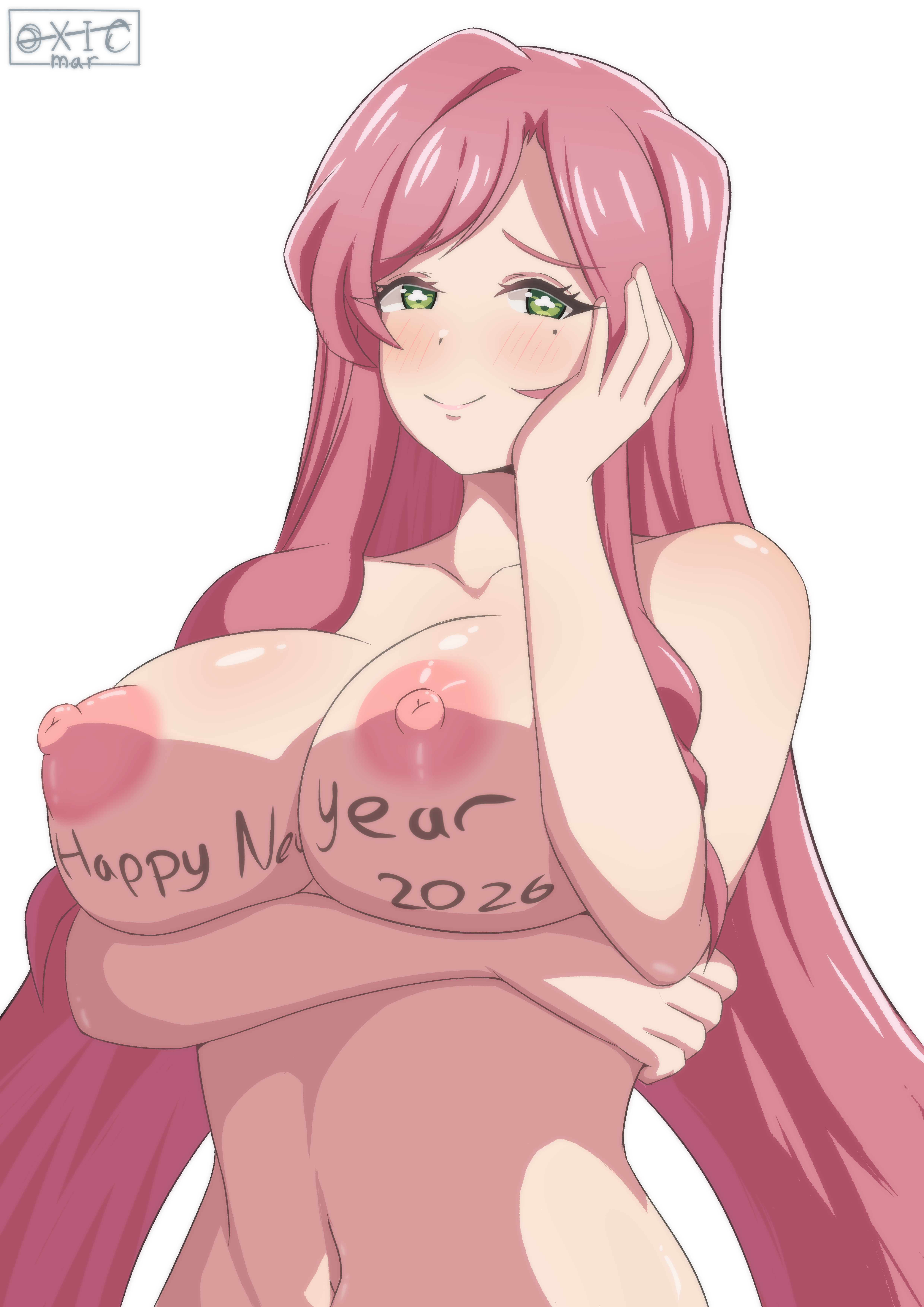 oxicmar, hanazono hahari, kimi no koto ga dai dai dai dai daisuki na 100-nin no kanojo, absurdres, commentary, english commentary, highres, 1girl, 2026, blush, body writing, breasts, collarbone, completely nude, green eyes, happy new year, large breasts, long hair, looking at viewer, mature female, mole, mole under eye, navel, new year, nipples, nude, pink hair, simple background, smile, solo, standing, twitter username, upper body, very long hair, white background