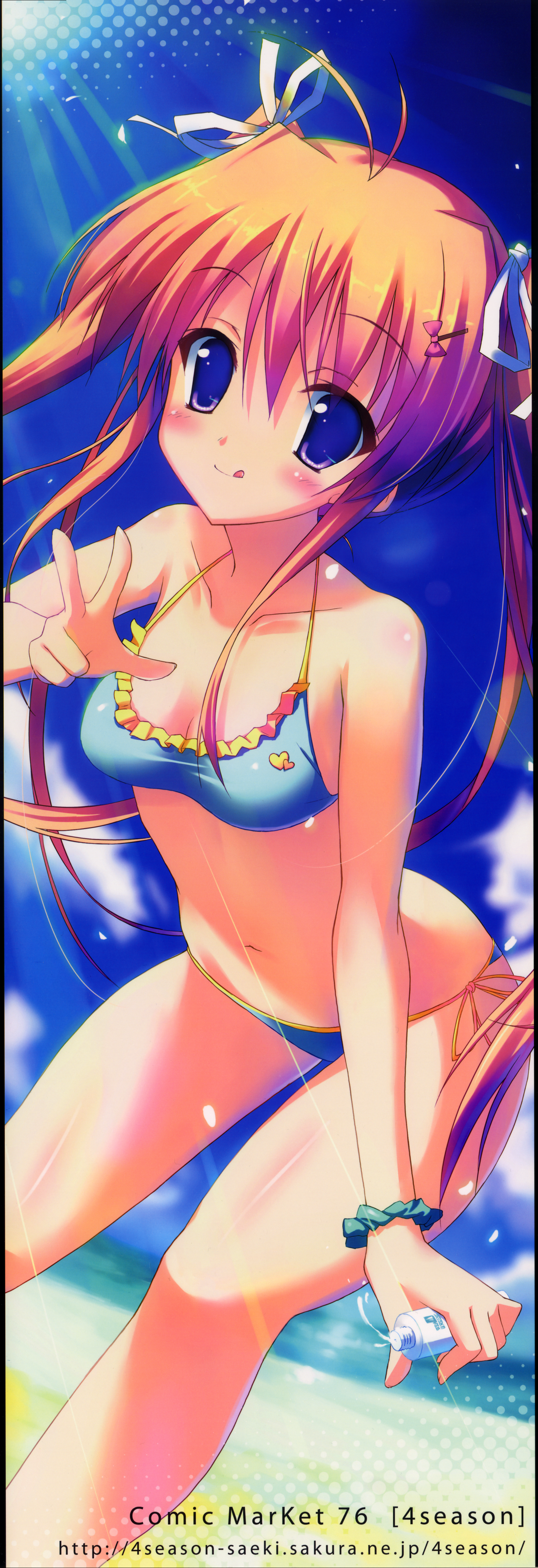 saeki nao, comiket, comiket 76, original, absurdres, highres, long image, tall image, 1girl, :q, antenna hair, bikini, blue bikini, blush, body blush, breasts, cleavage, female focus, hair ornament, hair ribbon, hairclip, leaning forward, licking lips, long hair, navel, orange hair, purple eyes, ribbon, solo, string bikini, swimsuit, tongue, tongue out, twintails, v, watermark