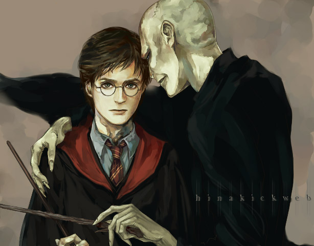 furayu (flayu), numeri (pixiv), harry potter, voldemort, harry potter (series), harry potter and the deathly hallows, wizarding world, hand on shoulder, 2boys, brown hair, cape, english text, fingernails, glasses, green eyes, long fingernails, male focus, multiple boys, nail (hardware), necktie, realistic, scar, scar on face, scar on forehead, school uniform, serious, short hair, wand, yaoi