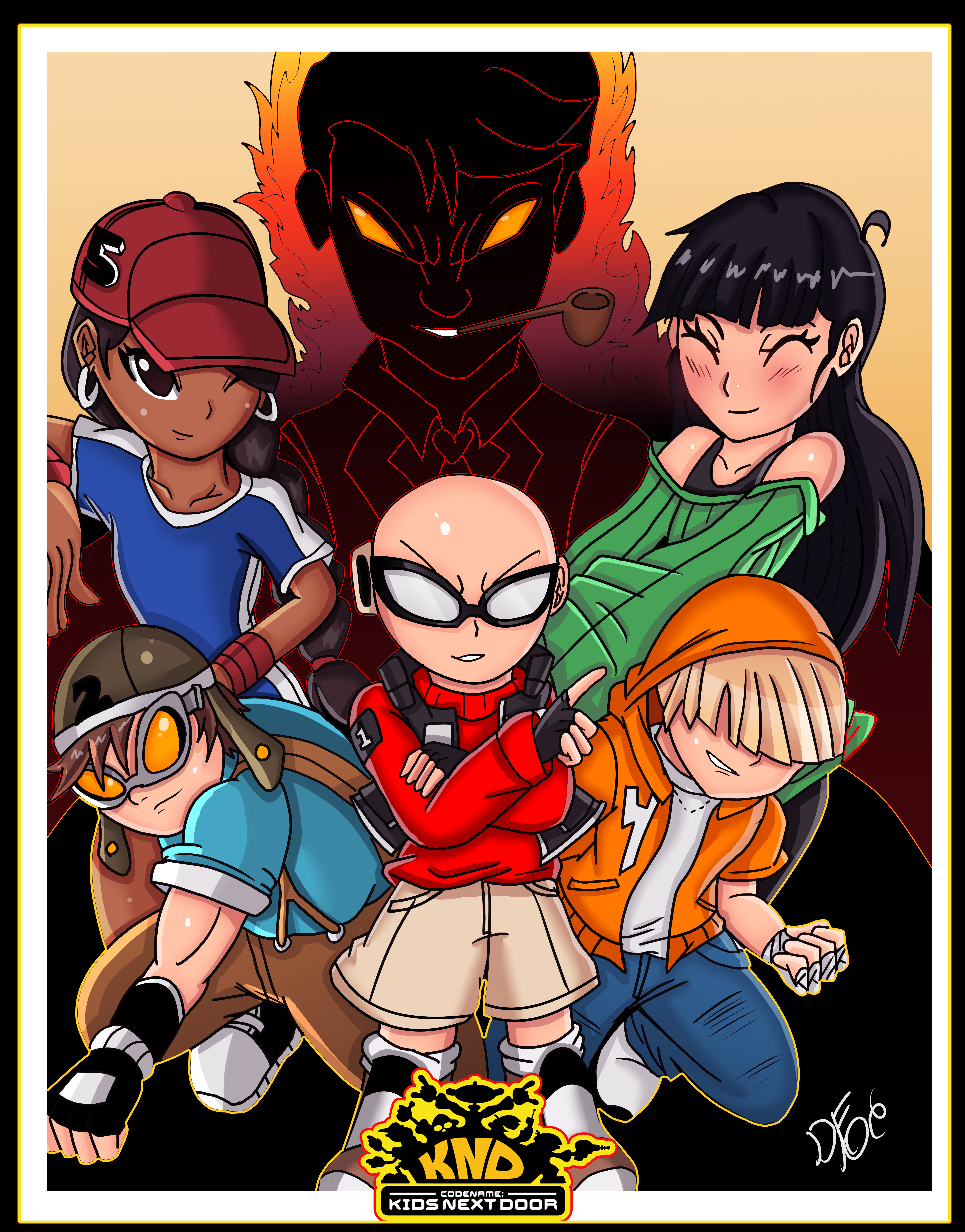 darkfang100, numbuh 1, numbuh 2, numbuh 3, numbuh 4, numbuh 5, cartoon network, codename: kids next door, absurdres, commentary, english commentary, highres, self-upload, asian, baggy clothes, bald, blonde hair, dark skin, goggles, hood, hoodie, looking at viewer, shoes, shorts, sneakers, sweater, teamwork