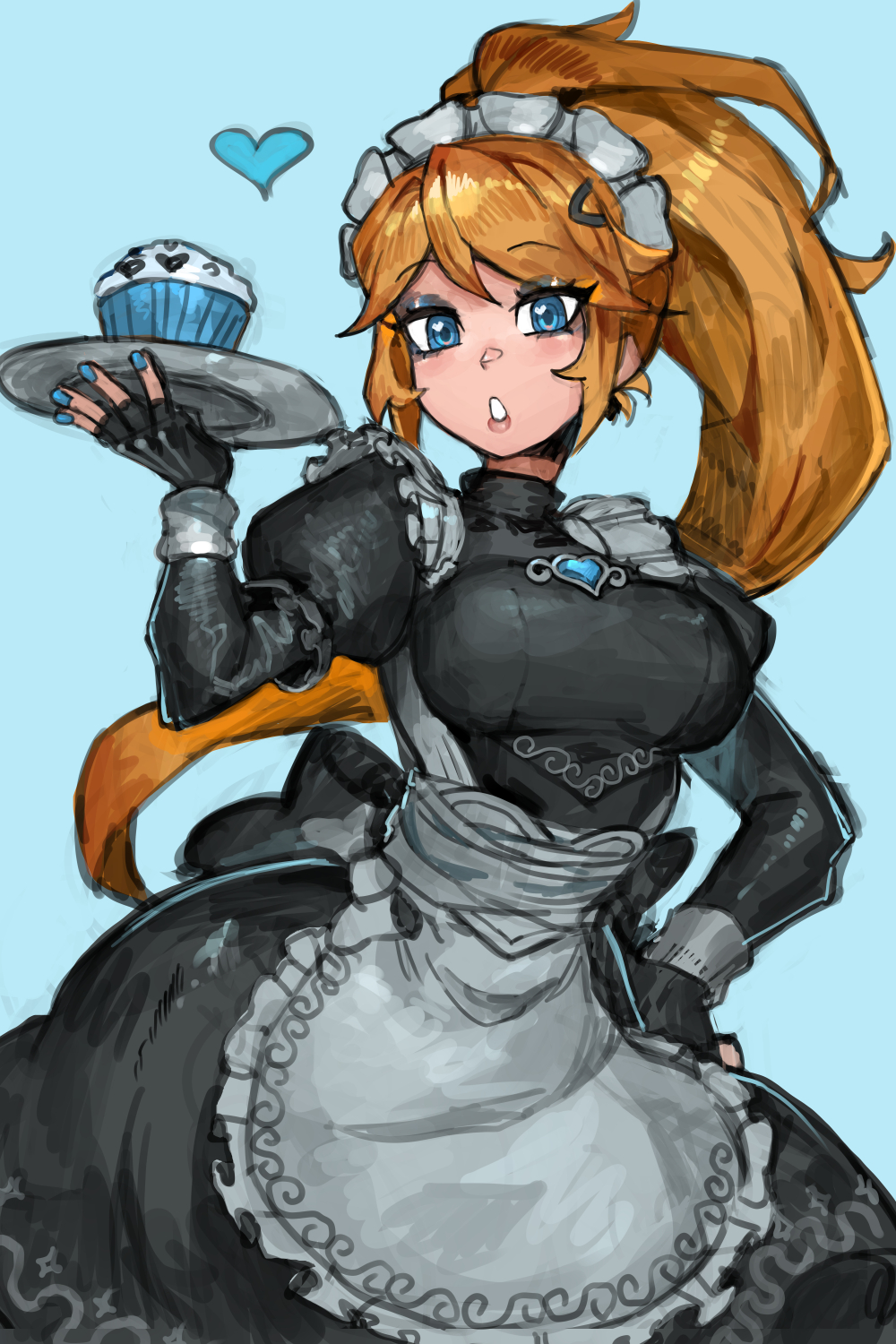 saiykik, samus aran, metroid, nintendo, commentary, english commentary, highres, 1girl, apron, black dress, black gloves, blonde hair, blue background, blue eyes, blue nails, breasts, dress, fingerless gloves, gloves, hair ornament, hairclip, hand on own hip, heart, holding, holding plate, large breasts, long hair, looking at viewer, maid, maid apron, maid headdress, parted lips, plate, ponytail, puffy sleeves, simple background, solo