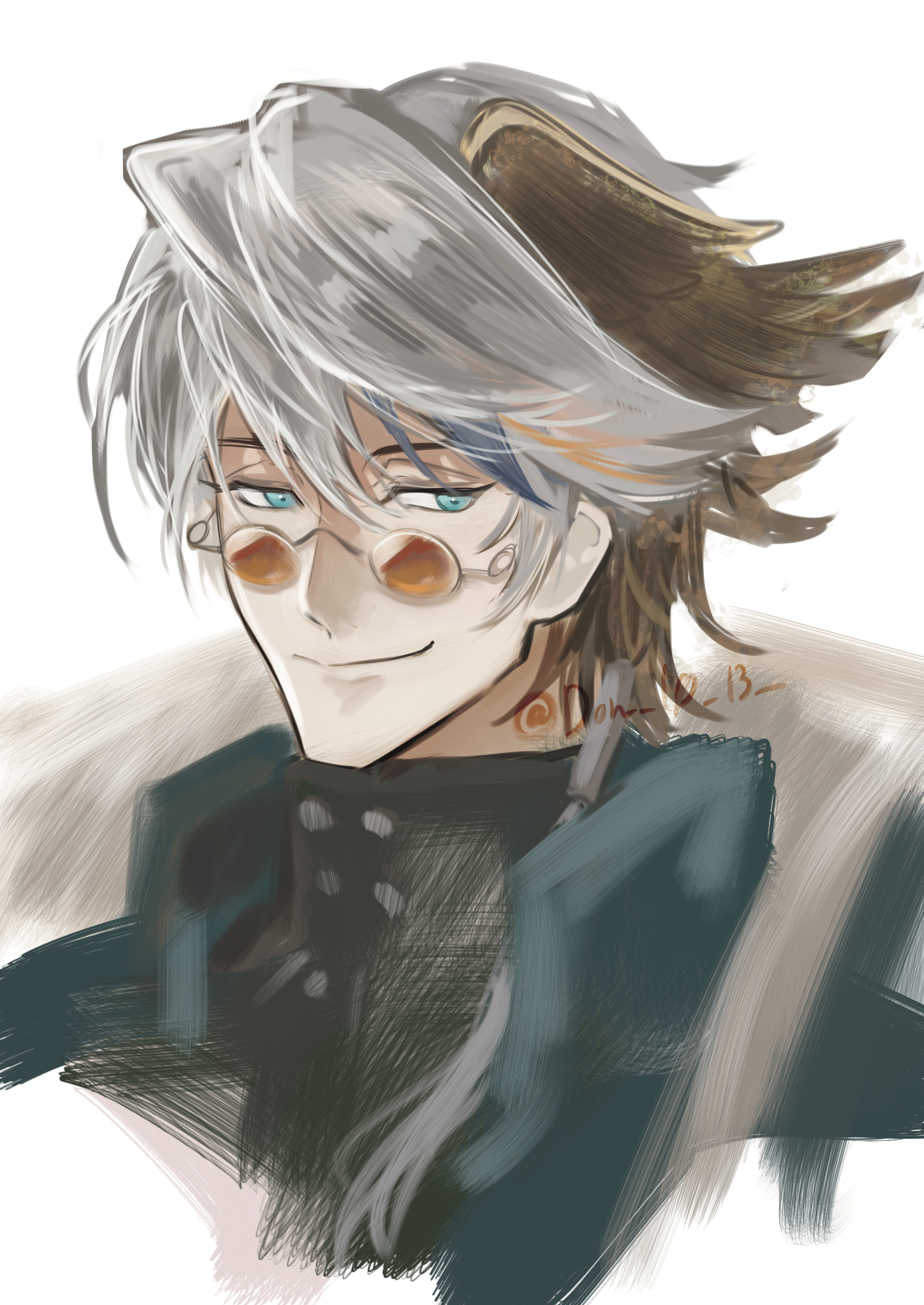 arknights, absurdres, commentary request, highres, 1boy, babu don (don 10 13), bishounen, black shirt, blue eyes, brown hair, closed mouth, fur trim, glasses, grey hair, hair between eyes, head wings, looking at viewer, male focus, multicolored hair, orange-tinted eyewear, paryaqaqa (arknights), portrait, shirt, short hair, simple background, smile, solo, tinted eyewear, twitter username, white background, wings