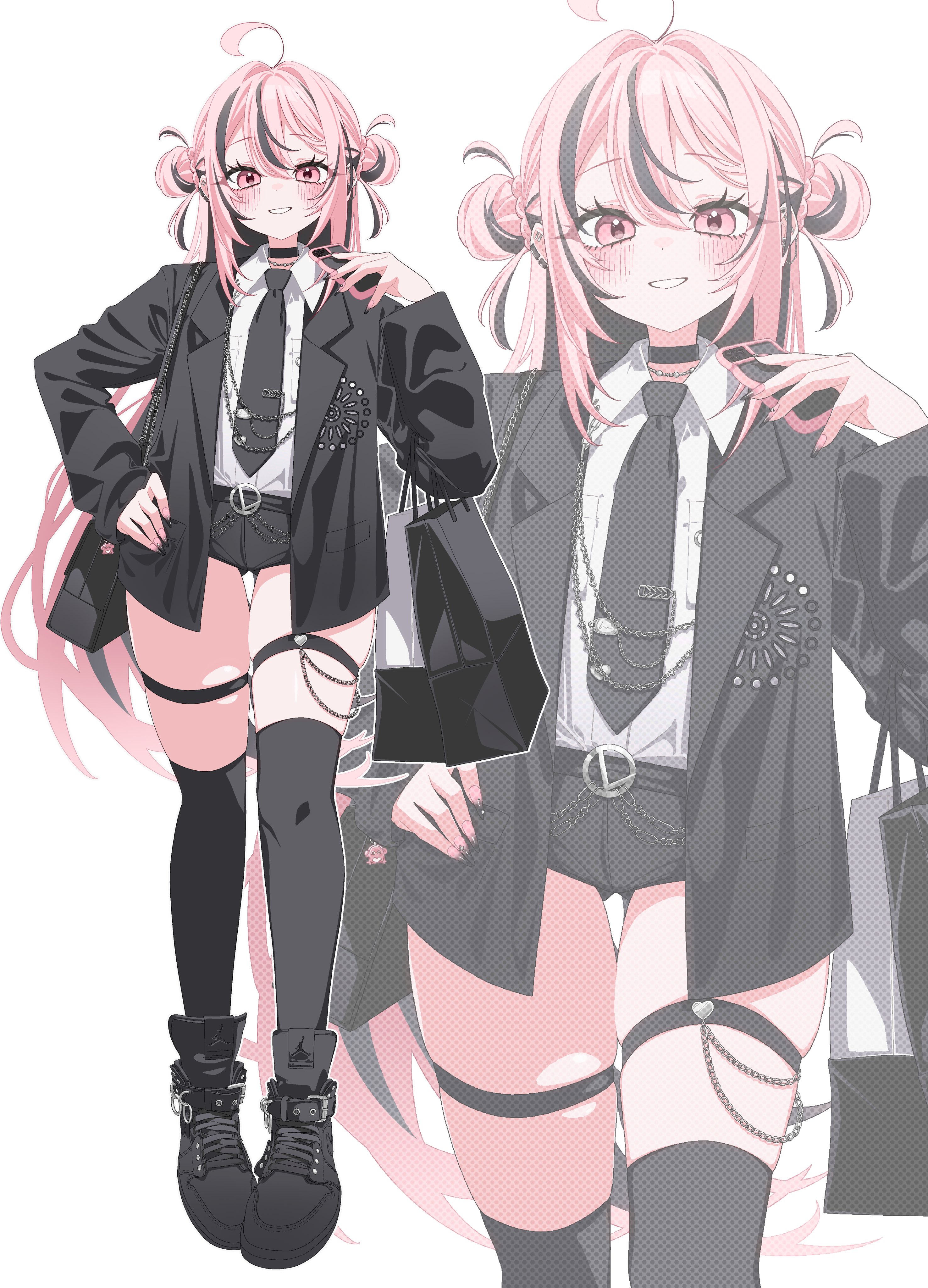 luvluvvox, original, 1girl, bag, black necktie, black shirt, black thighhighs, double bun, hair bun, necktie, pink hair, shirt, standing, thigh strap, thighhighs