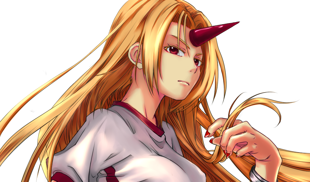 sasaoka tatsu, hoshiguma yuugi, touhou, bad id, bad pixiv id, 1girl, blonde hair, female focus, horns, long hair, red eyes, single horn, solo