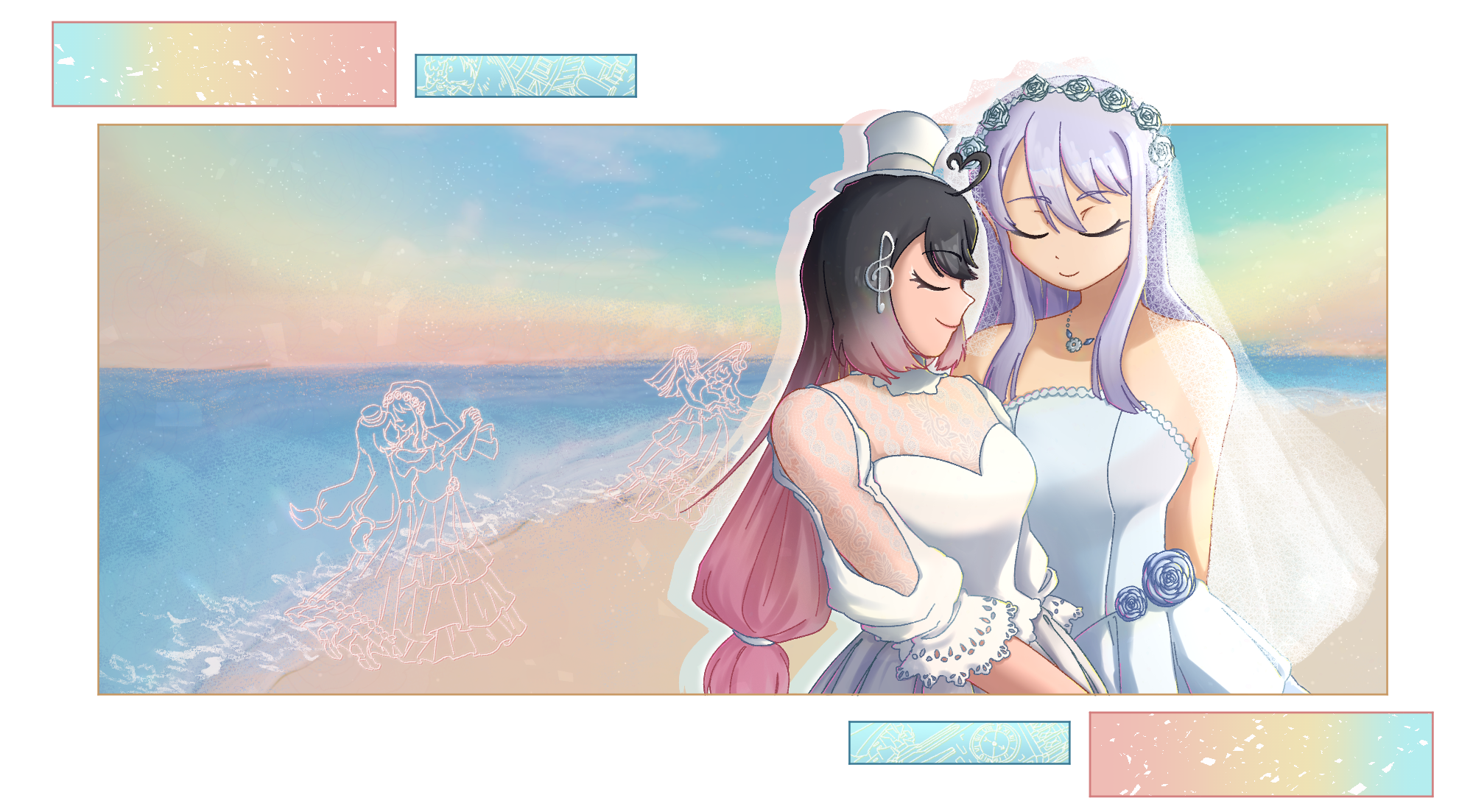 infinitedecaf, original, highres, 2girls, ahoge, beach, bridal veil, clock, clock tower, closed eyes, cowboy shot, dancing, dress, flower, fortissimo, full body, grey hair, hair flower, hair ornament, hat, heart, heart ahoge, height difference, jewelry, lace, lace trim, long hair, mini hat, mini top hat, multicolored hair, multiple girls, musical note, musical note hair ornament, necklace, pink hair, pointy ears, purple hair, see-through clothes, see-through silhouette, see-through veil, shore, silhouette, tavern, top hat, tower, two-tone hair, veil, wedding, wedding dress, yuri