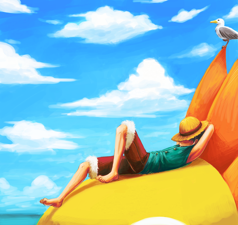 feriowind, monkey d. luffy, thousand sunny, one piece, commentary, english commentary, 1boy, animal, arms behind head, bare shoulders, barefoot, bird, black hair, closed mouth, cloud, cloudy sky, covered eyes, day, full body, hat, hat over eyes, male focus, official alternate costume, outdoors, red shorts, seagull, short hair, shorts, sky, sleeveless, solo, straw hat