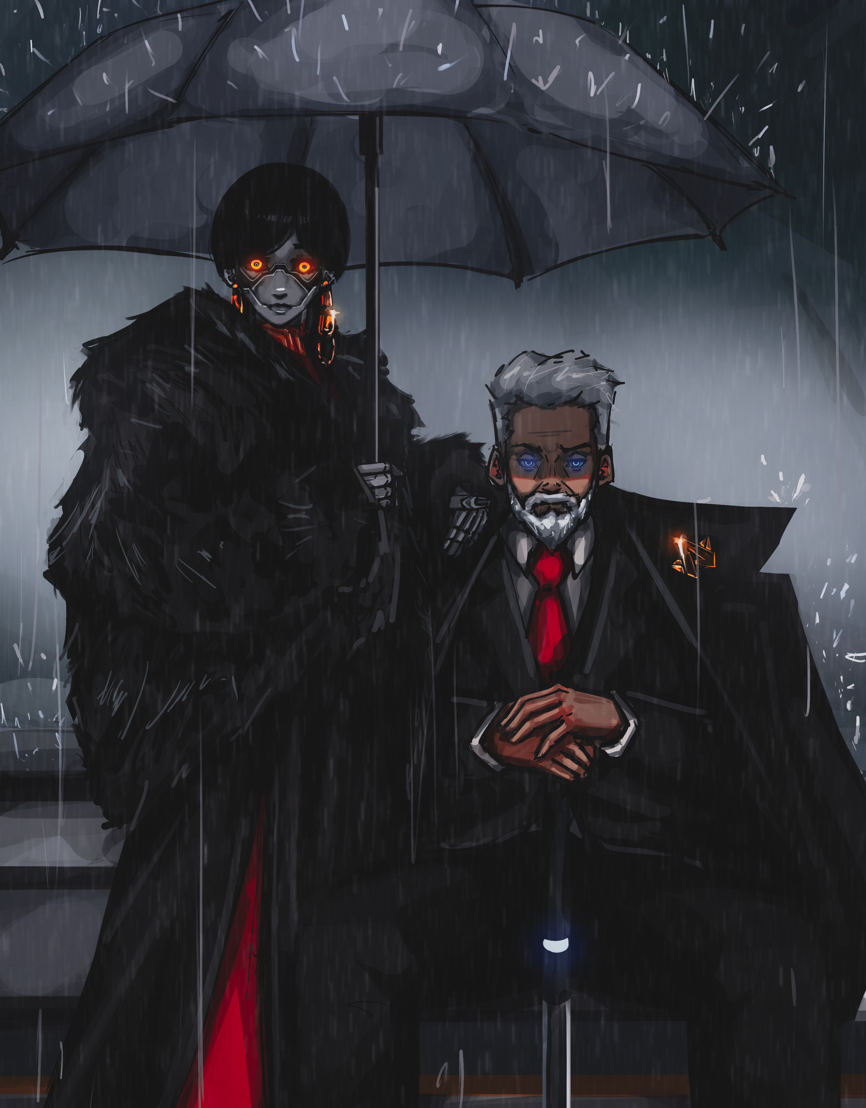 titanartx, original, absurdres, commentary, english commentary, highres, 1boy, 1girl, android, beard, black coat, black hair, black jacket, black pants, black suit, blue eyes, cane, closed mouth, coat, facial hair, formal clothes, fur coat, grey background, grey hair, grey umbrella, hand on cane, jacket, long sleeves, looking at viewer, necktie, old, old man, orange eyes, outdoors, pants, parted bangs, rain, red necktie, shared umbrella, short hair, sitting, standing, suit, suit jacket, umbrella