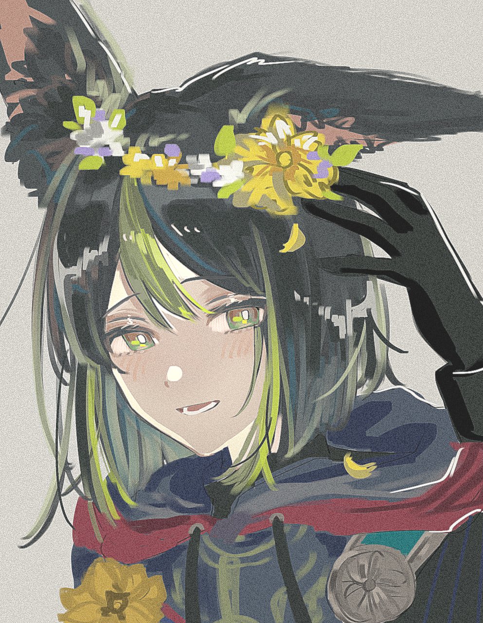 tighnari (genshin impact), genshin impact, commentary request, highres, 1boy, animal ears, black gloves, black hair, fox boy, fox ears, gloves, green hair, green streaks, grey background, head wreath, kitagawa ti, light blush, looking at viewer, male focus, multicolored hair, open mouth, portrait, short hair, sideways glance, simple background, solo, teeth