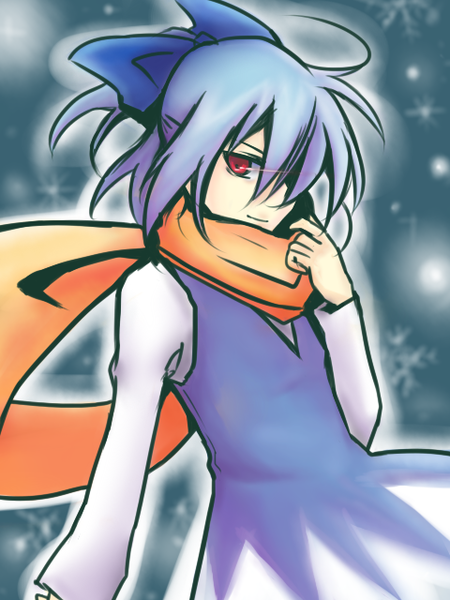 tom., cirno, cirno-nee, perfect cherry blossom, touhou, resized, blue hair, bow, hair bow, pixiv thumbnail, red eyes, scarf, solo