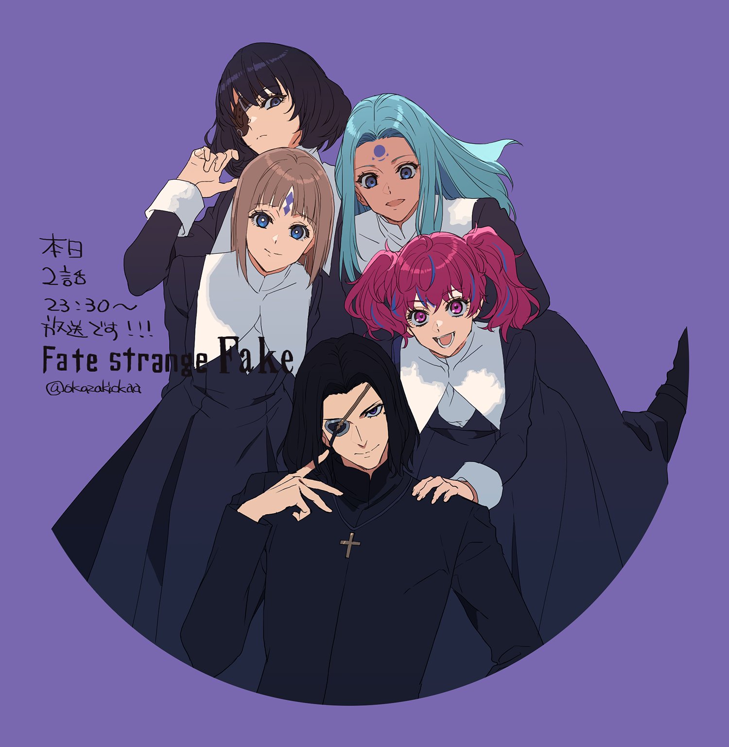 okazaki oka, hansa cervantes, fate/strange fake, fate (series), commentary request, highres, 1boy, 4girls, black hair, copyright name, cross, cross necklace, dark-skinned female, dark skin, eyepatch, facial mark, forehead mark, jacket, jewelry, katya kambanellis, long sleeves, maysia kwo, multicolored hair, multiple girls, necklace, nun, one eye covered, priest, purple background, purple hair, red hair, shanti mukherjee, simple background, smile, twintails, twitter username, two-tone hair, viola wahlstrom