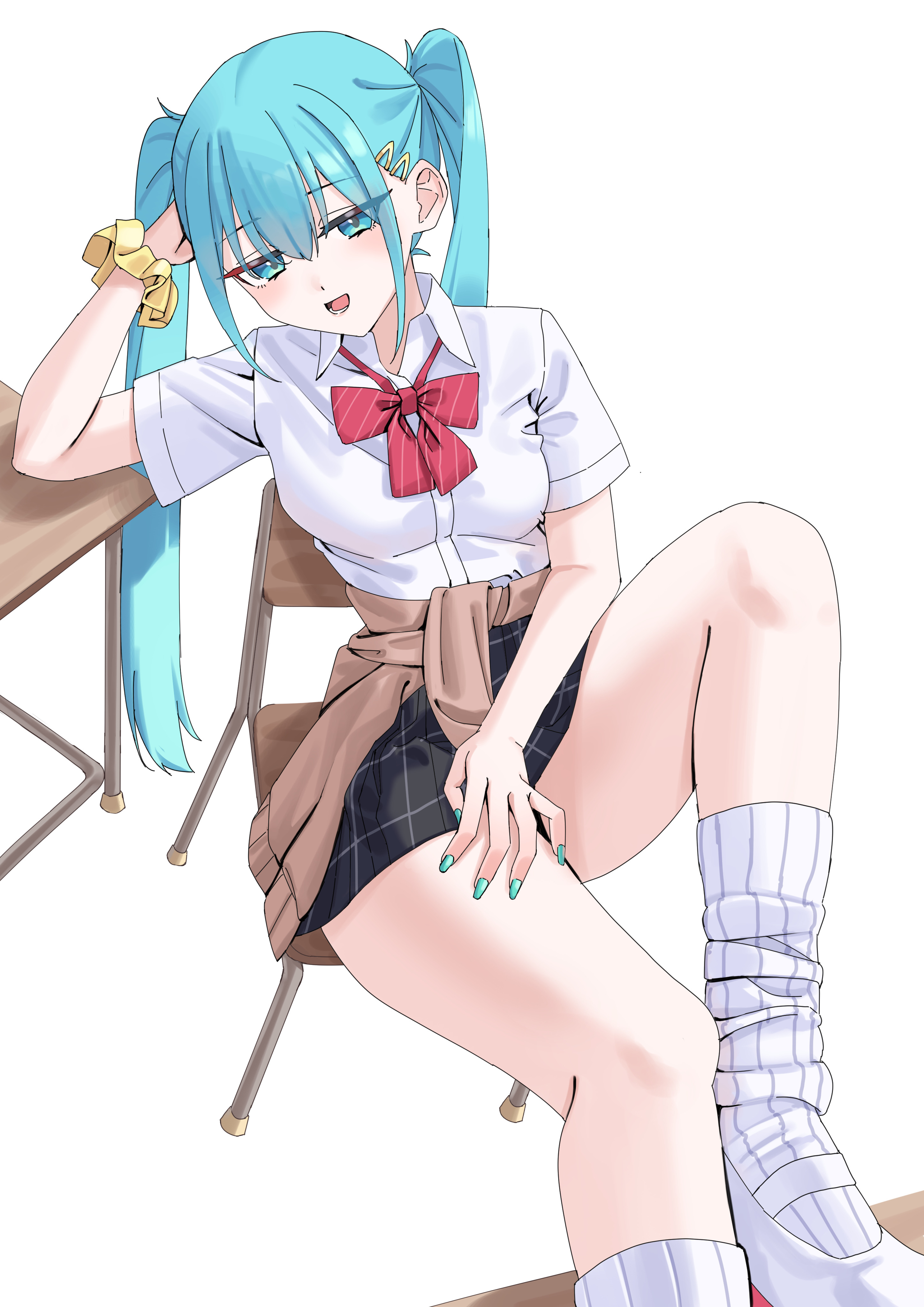 amaama (beccyonaika1), hatsune miku, vocaloid, absurdres, commentary request, highres, 1girl, aqua eyes, aqua hair, aqua nails, black skirt, bow, bowtie, brown jacket, chair, clothes around waist, collar, collared shirt, double-parted bangs, eyes visible through hair, hair between eyes, hair ornament, hairclip, jacket, legs on table, long hair, looking at viewer, lower teeth only, on chair, open mouth, red bow, red bowtie, scrunchie, shirt, shoes, simple background, sitting, skirt, socks, solo, table, teeth, thighs, tongue, twintails, white background, white collar, white shirt, white shoes, white socks, wooden chair, wooden table, wrist scrunchie