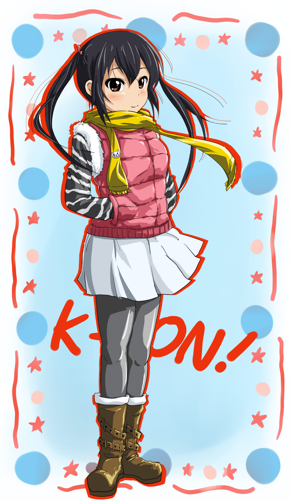 delf, nakano azusa, k-on!, bad id, bad pixiv id, highres, 00s, 1girl, black hair, brown eyes, cat, female focus, full body, hands in pockets, long hair, pantyhose, scarf, solo, twintails, winter clothes