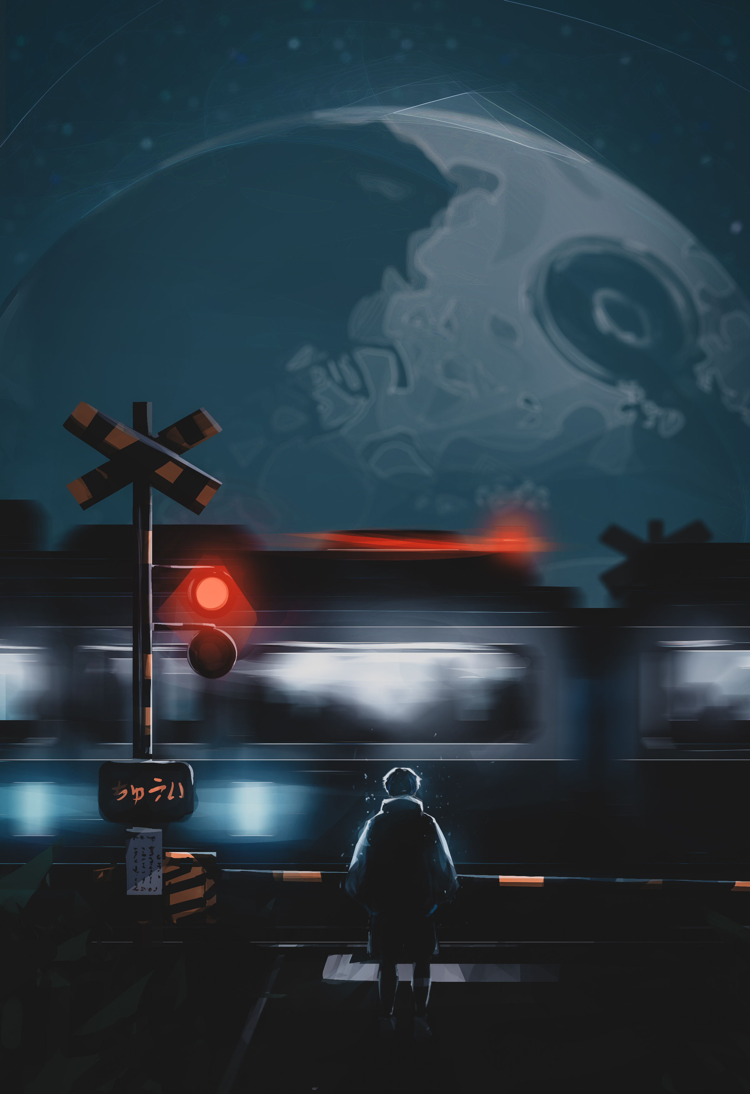 titanartx, original, absurdres, commentary, english commentary, highres, 1other, facing away, moon, motion blur, night, outdoors, railroad crossing, short hair, sky, solo, standing, star (symbol), train, wide shot