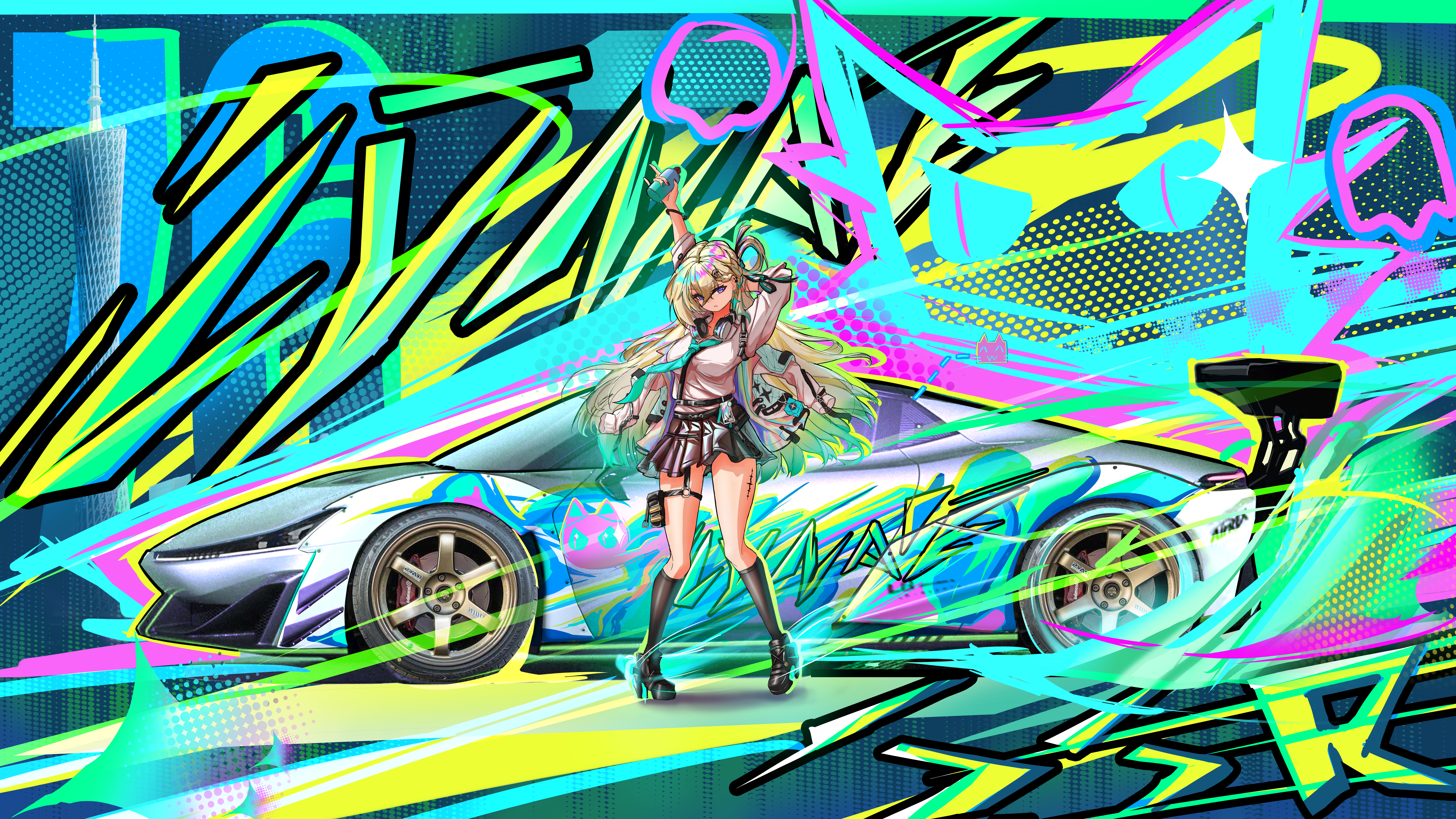 lynae (wuthering waves), wuthering waves, absurdres, commentary request, highres, 1girl, aqua necktie, awhiningfv215b183, black skirt, blonde hair, braid, braided bangs, car, earrings, graffiti, hair ornament, headphones, headphones around neck, holding, holding spray can, id card, jewelry, long hair, motor vehicle, necktie, race vehicle, racecar, shirt, shirt tucked in, skirt, skull hair ornament, spray can, star (symbol), star earrings, tacet mark (wuthering waves)