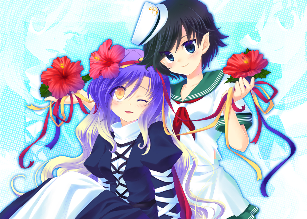soukuu kizuna, hijiri byakuren, murasa minamitsu, touhou, 2girls, black hair, blue eyes, dress, female focus, flower, gradient hair, halftone, halftone background, hat, long hair, multicolored hair, multiple girls, plant, pointy ears, sailor, sailor collar, sailor hat, short hair, white background, wink, yellow eyes