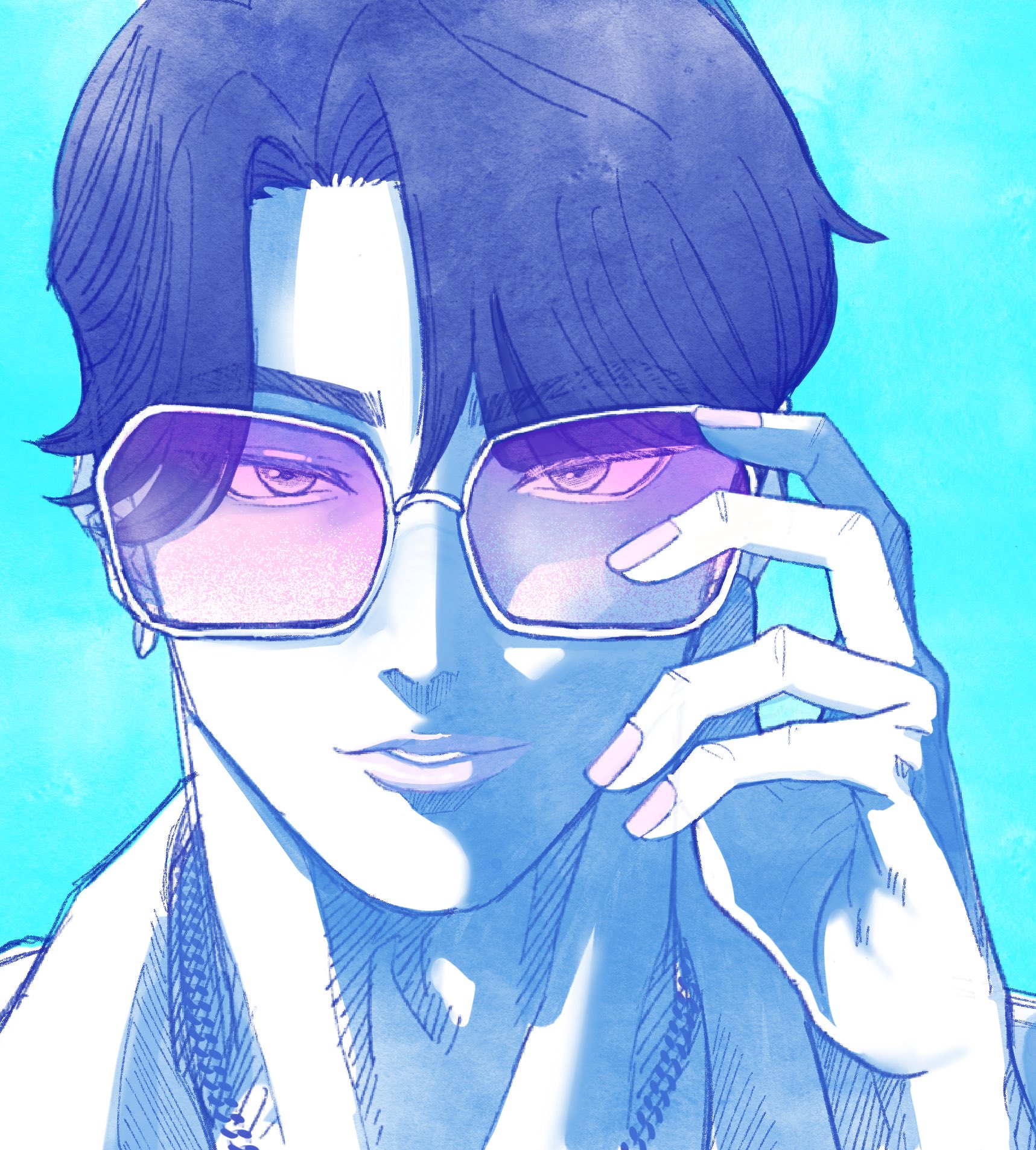 oolelele, jinu (kpop demon hunters), kpop demon hunters, commentary request, highres, 1boy, black hair, blue background, close-up, earrings, jewelry, male focus, parted lips, pink-tinted eyewear, short hair, solo, sunglasses, tinted eyewear