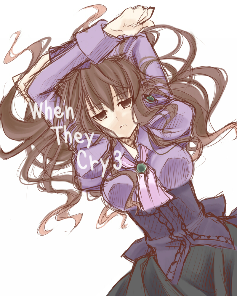 nekotya, ushiromiya natsuhi, umineko no naku koro ni, bad id, bad pixiv id, 00s, brown eyes, brown hair, dress, earrings, hair down, jewelry, lying, sketch, solo