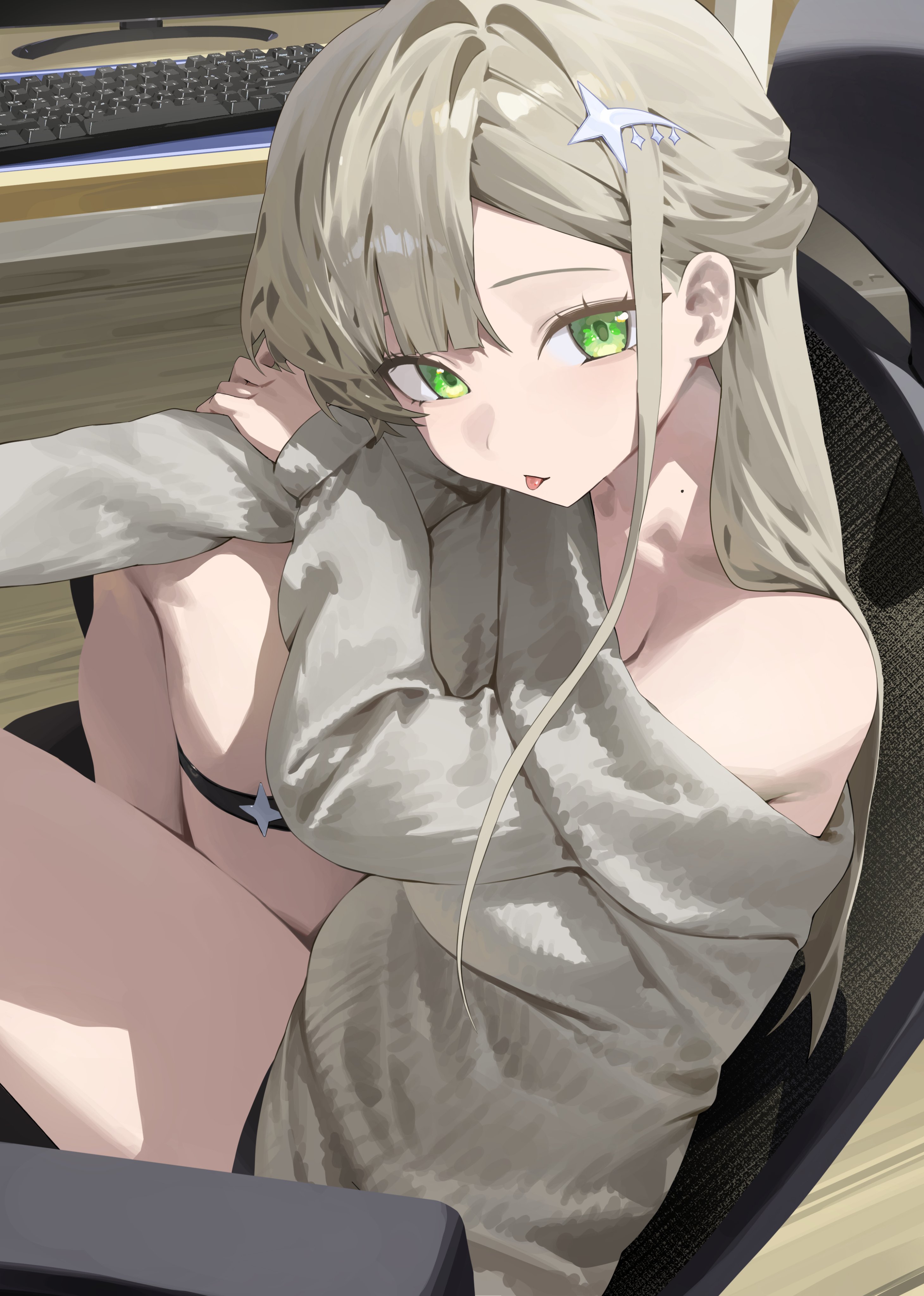star741, original, 1girl, bare shoulders, chair, computer keyboard, green eyes, mole, mole on neck, sitting, solo, thigh strap, tongue, tongue out