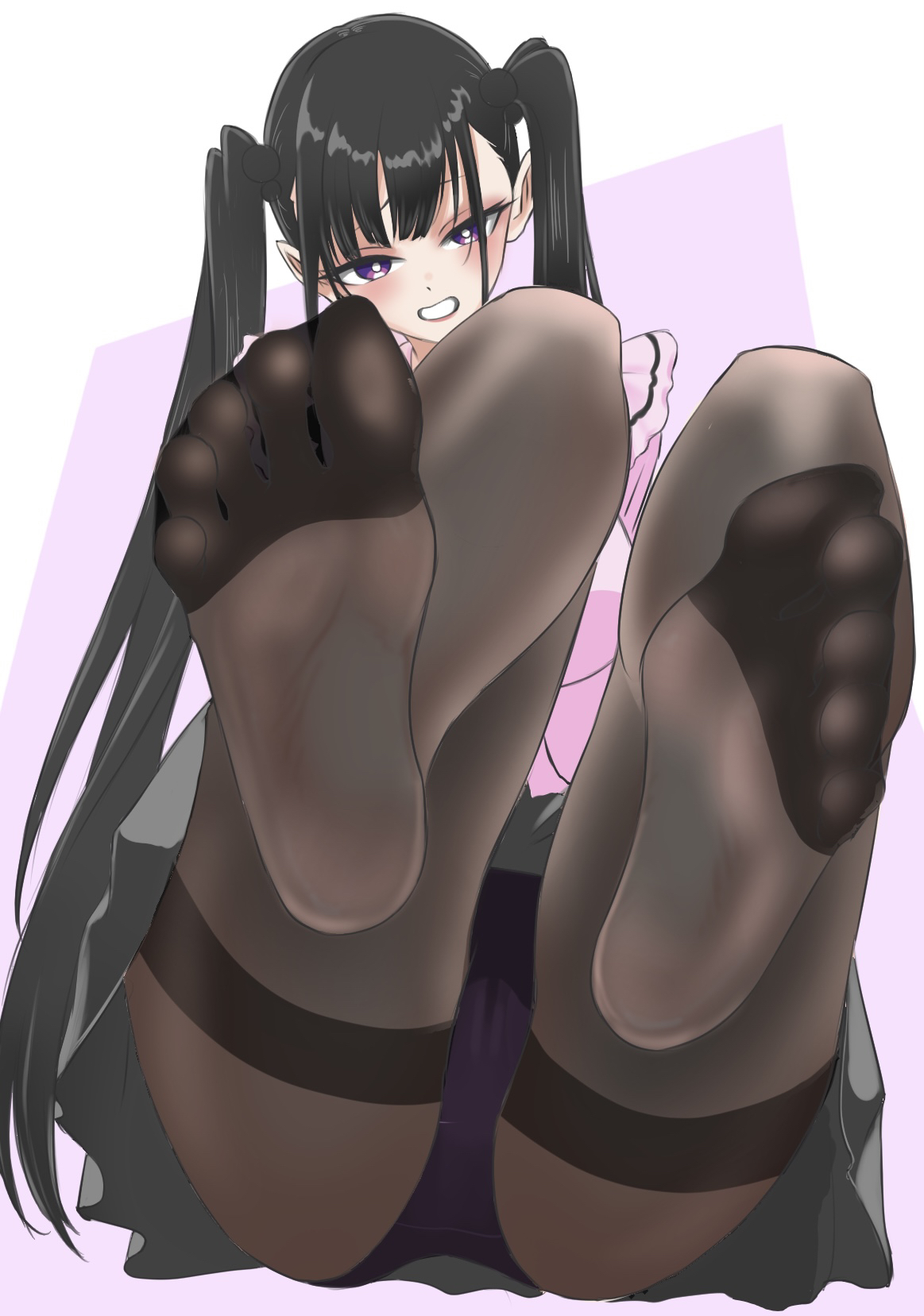 kon (user vvkd7358), highres, 1girl, black hair, feet, feet up, grin, long hair, looking at viewer, panties, panties under pantyhose, pantyhose, pantyshot, purple eyes, smile, soles, toes, twintails, underwear