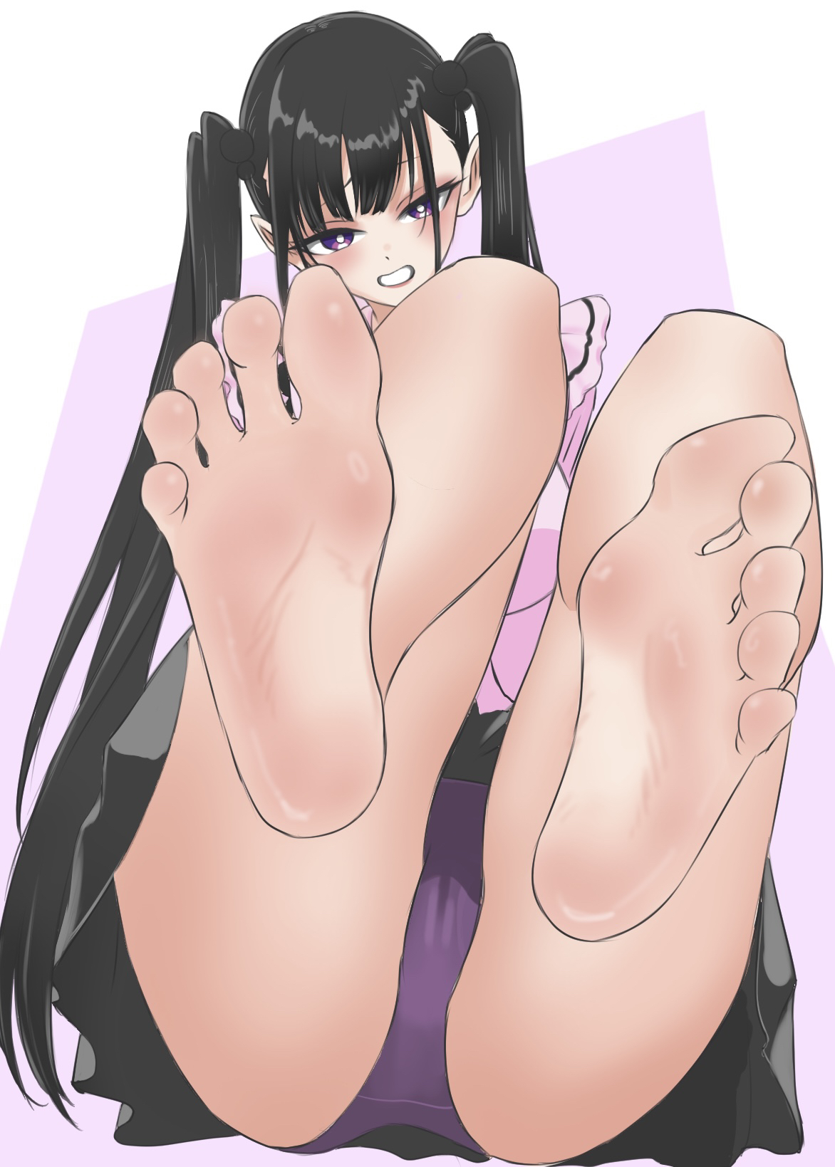 kon (user vvkd7358), highres, 1girl, barefoot, black hair, feet, feet up, grin, long hair, looking at viewer, panties, pantyshot, purple eyes, smile, soles, toes, twintails, underwear