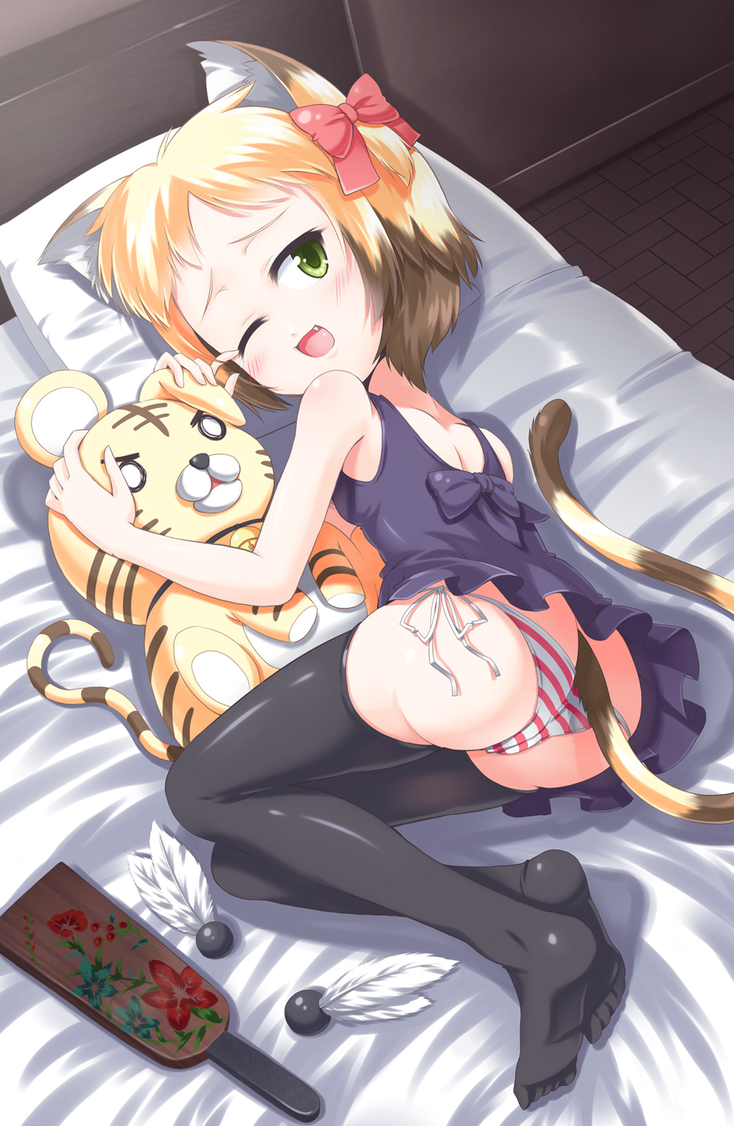 morujii, original, bad id, bad pixiv id, highres, 1girl, animal ears, artistic error, ass, bad proportions, bed, blush, brown hair, cat ears, cat tail, fang, feathers, feet, female focus, hagoita, hanetsuki, hug, legs, lying, multicolored hair, new year, on side, one eye closed, paddle, panties, poorly drawn, side-tie panties, solo, stuffed toy, tail, thighhighs, tiger, underwear, wink, wrong foot