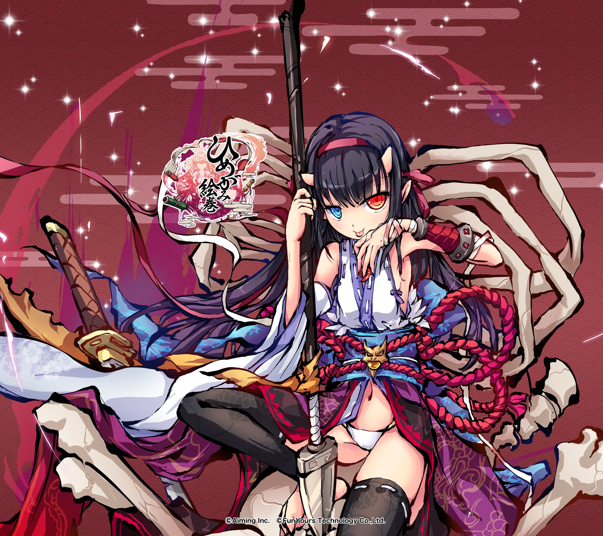 himegami kagura, ms06s, commentary request, highres, official art, 1girl, amanojaku (himegami kagura), bandaged hand, bandaged leg, bandages, black hair, black thighhighs, blue eyes, blush, breasts, company name, copyright logo, copyright name, copyright notice, detached sleeves, hair ribbon, heterochromia, holding, holding polearm, holding weapon, horns, japanese clothes, kimono, knife, licking own finger, logo, long hair, looking at viewer, navel, obi, panties, pointy ears, polearm, red eyes, red ribbon, ribbon, rope belt, sash, sitting, sleeveless, sleeveless kimono, smile, solo, thighhighs, thighs, tongue, tongue out, underwear, weapon, white panties, wide sleeves