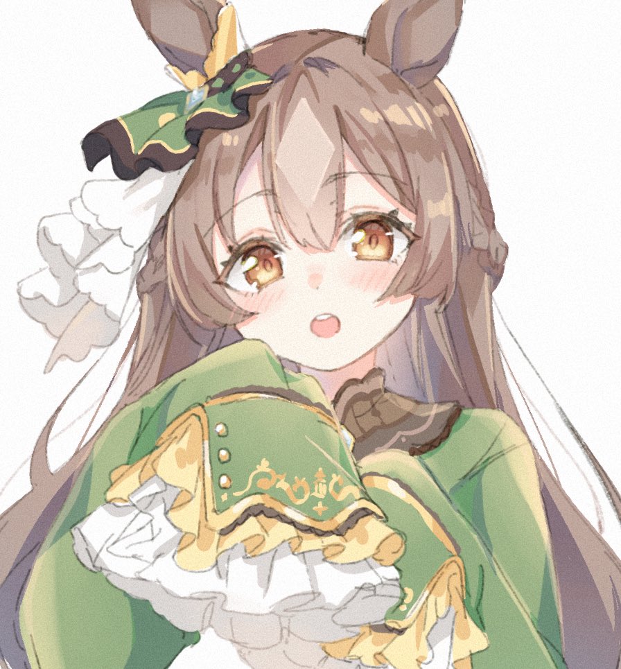paragasu (parags112), satono diamond (natural brilliance) (umamusume), satono diamond (umamusume), umamusume, commentary, 1girl, :o, animal ears, braid, brown eyes, brown hair, dress, ear ornament, green dress, half up braid, horse ears, horse girl, long hair, long sleeves, open mouth, simple background, sleeves past fingers, sleeves past wrists, solo, teeth, upper body, upper teeth only, white background