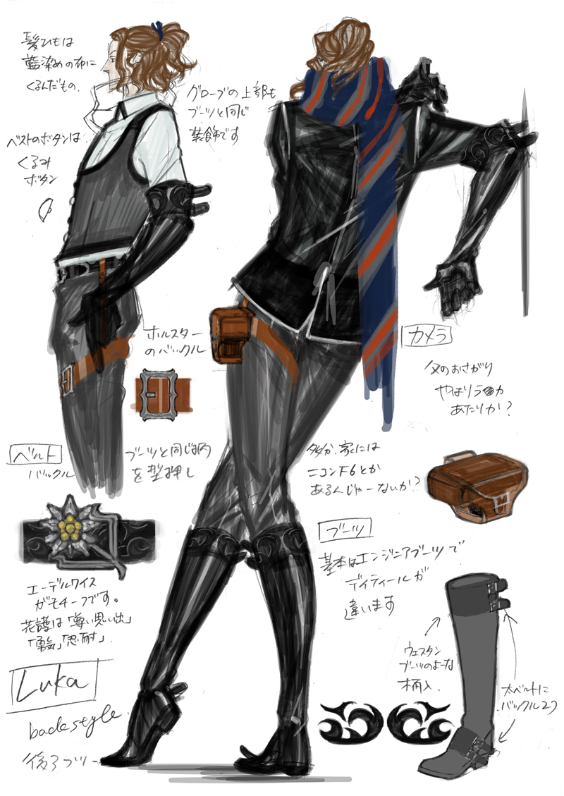 shimazaki mari, luka, luka redgrave, bayonetta (series), bayonetta 1, concept art, official art, 1boy, boots, brown hair, gloves, male focus, reference sheet, scarf, solo, white background