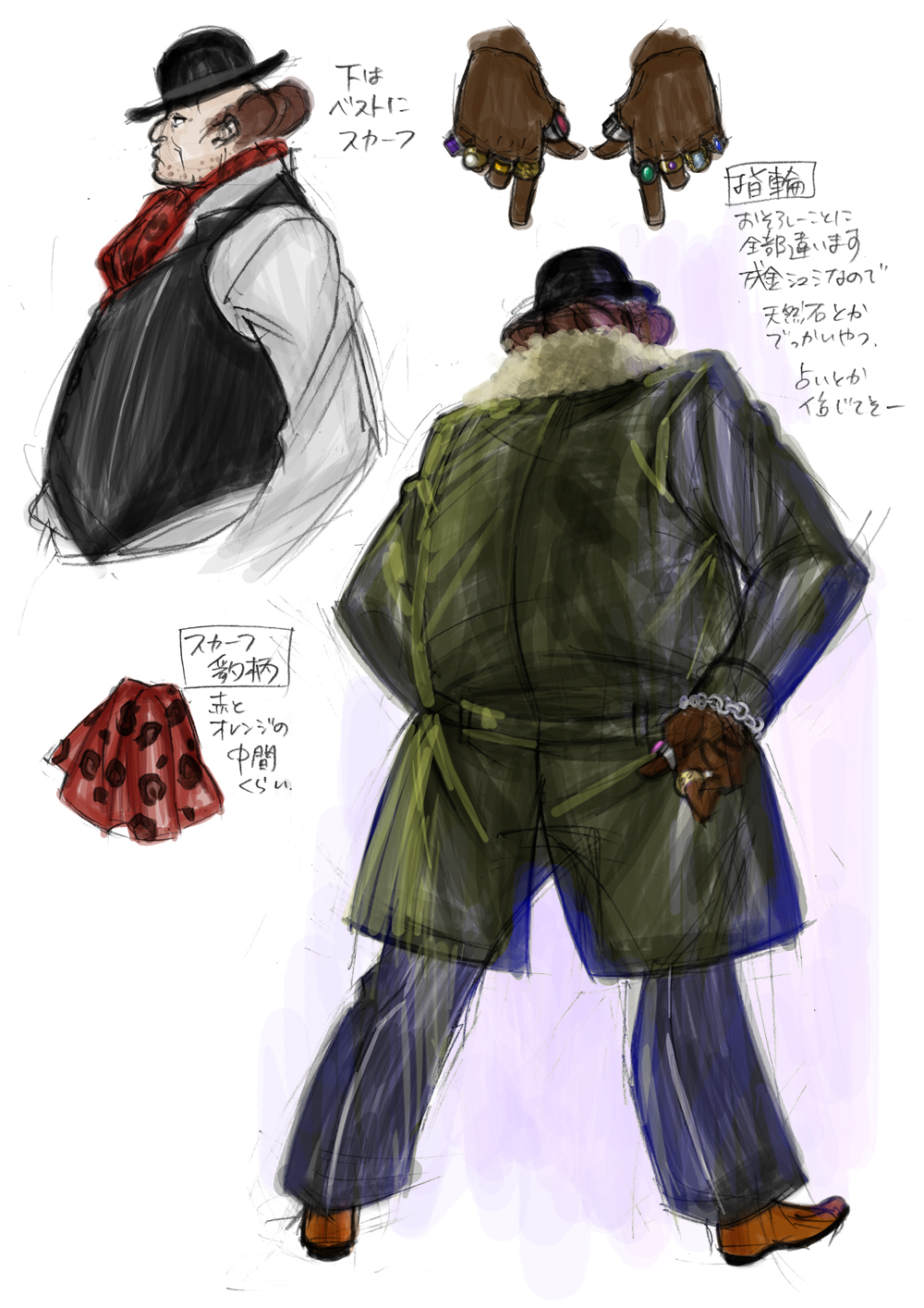 shimazaki mari, enzo, bayonetta (series), bayonetta 1, concept art, highres, official art, 1boy, beard stubble, bowler hat, cigar, facial hair, gloves, hat, jewelry, male focus, reference sheet, ring, solo, stubble, white background