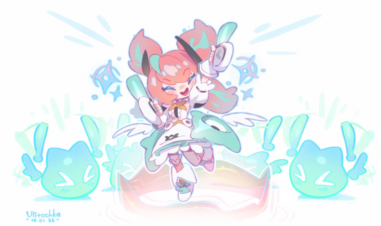 yutane johiel, zenless zone zero, commentary, english commentary, > <, 1girl, artist name, blue hair, blue streaks, blush, closed eyes, dated, dress, frilled sleeves, frills, full body, glowstick, holding, holding glowstick, multicolored hair, open mouth, penlight (glowstick), pink hair, shoes, short twintails, sparkle, standing, standing on one leg, streaked hair, twintails, ulitusya, white background, white dress, white shoes, white wings, wings