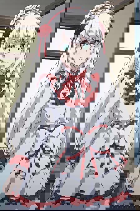 mary-san (toilet no hanako-san), anime screenshot, blue eyes, dress, lolita fashion, long hair, smile, white dress, white hair