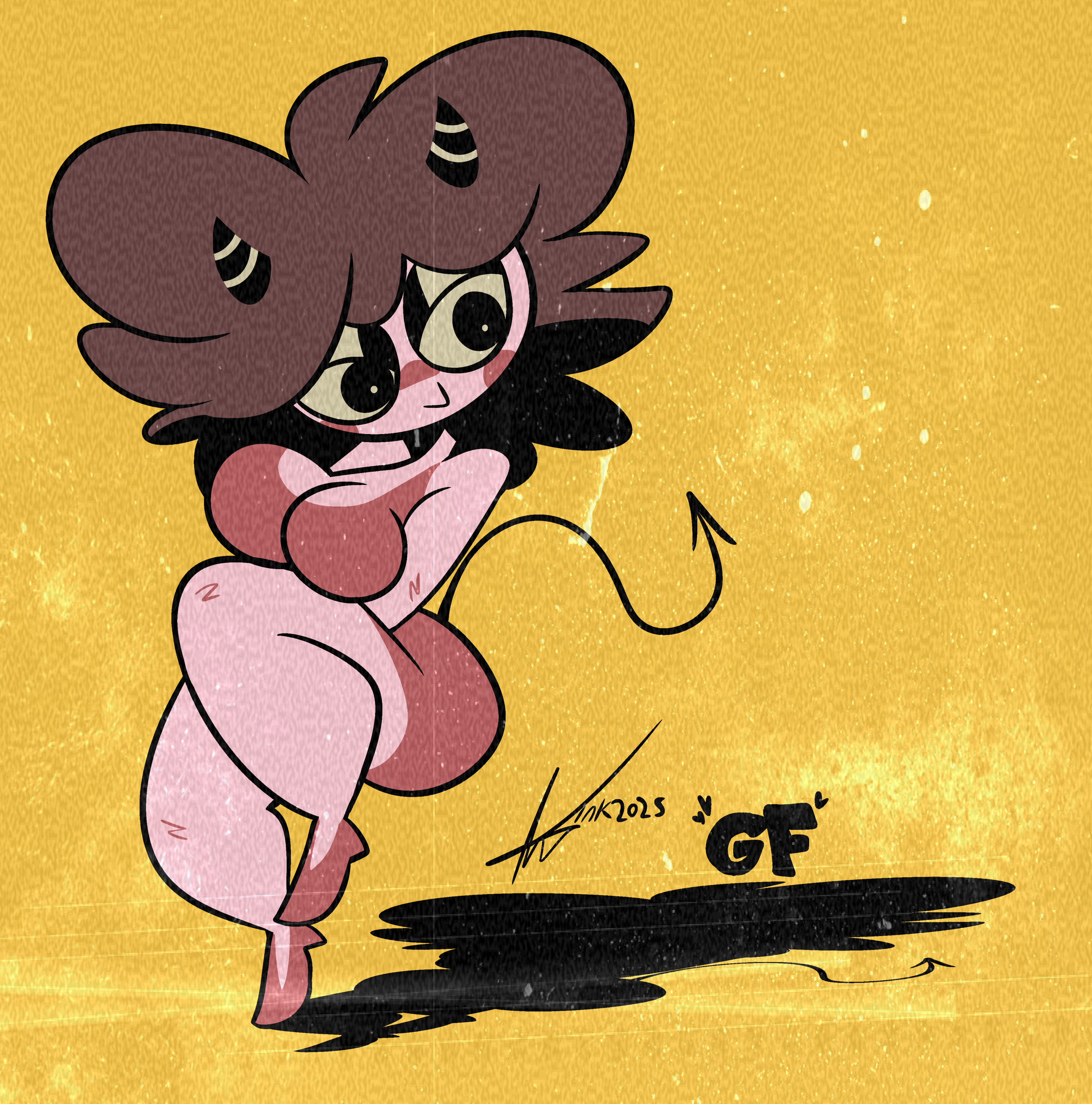 girlfriend (friday night funkin'), friday night funkin', 1girl, artist name, breasts, completely nude, horns, nude, shadow, solo, tail, yellow background