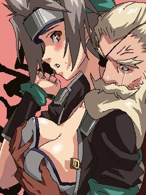 nanasyu, maquis, brave fencer musashiden, musashiden ii, character request, lowres, source request, 1boy, 1girl, age difference, beard, blonde hair, blush, breasts, cheekbones, cleavage, crying, crying with eyes open, detached sleeves, eyepatch, facial hair, forehead protector, from behind, gloves, grabbing another's breast, grabbing from behind, grey hair, groping, headband, hetero, jacket, jewelry, large breasts, mustache, no bra, oekaki, old, old man, open clothes, open jacket, orange eyes, profile, sweatdrop, tears, upper body, veins