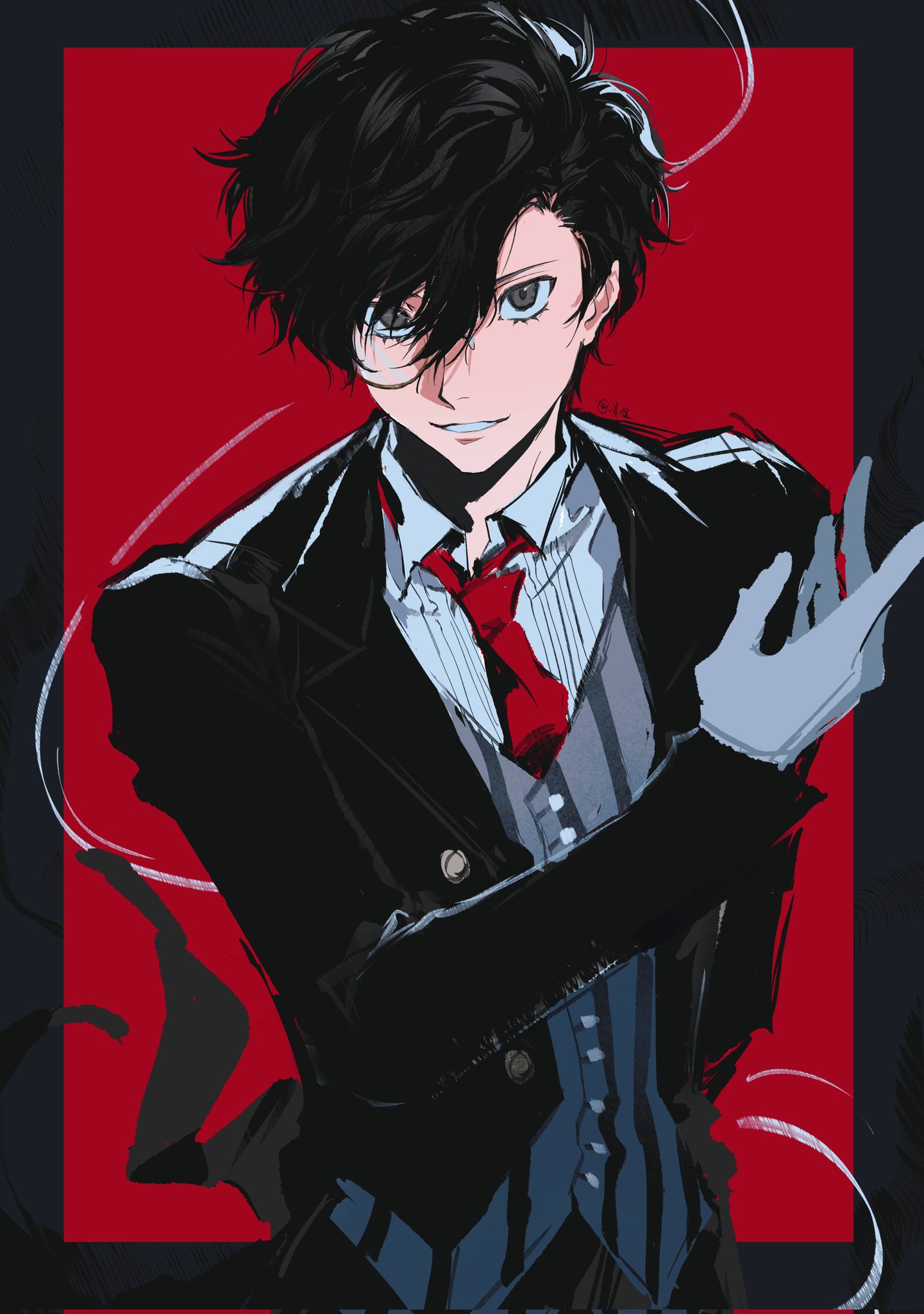 qchng, amamiya ren, persona, persona 5, persona 5 the royal, commentary request, highres, 1boy, black border, black hair, black jacket, border, collared shirt, formal clothes, gloves, grey eyes, hair between eyes, jacket, lapels, long sleeves, looking at viewer, male focus, necktie, open clothes, open collar, open jacket, outside border, parted bangs, red necktie, sanpaku, shirt, short hair, solo, striped clothes, striped vest, suit jacket, vest, white gloves, white shirt