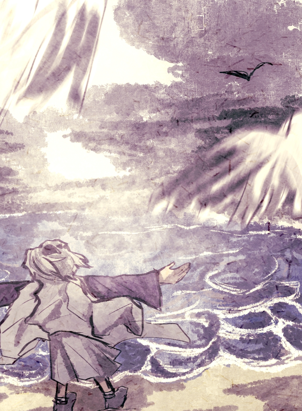 shi tong, fujiwara no iyozane, len'en, chinese commentary, commentary request, highres, 1other, androgynous, bird, black headband, cloud, cloudy sky, day, floating clothes, floating hair, flock, from behind, full body, grey hakama, grey socks, hachimaki, hakama, hakama skirt, haori, headband, jacket, jacket on shoulders, japanese clothes, kimono, long sleeves, medium hair, ocean, one side up, other focus, outdoors, outstretched arms, purple kimono, seagull, shadow, shore, short kimono, simple bird, skirt, sky, socks, solo, standing, white hair, white jacket, white sky, wind