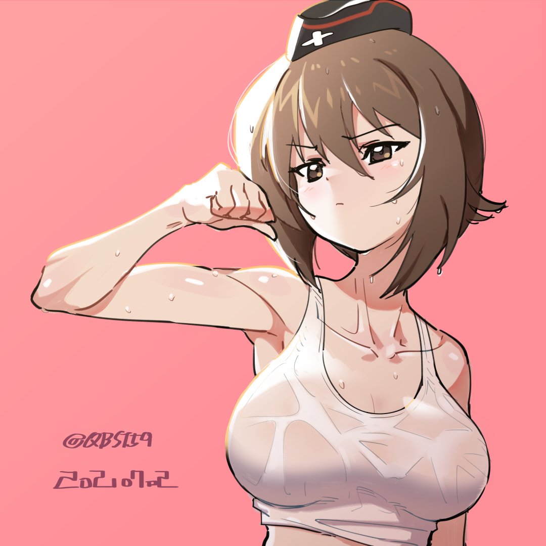 sabum, nishizumi maho, girls und panzer, commentary request, 1girl, armpit crease, breasts, brown eyes, closed mouth, cross, dated, garrison cap, hat, iron cross, large breasts, looking to the side, pink background, shirt, short hair, simple background, solo, sweat, twitter username, upper body, wet, wet clothes, wet shirt