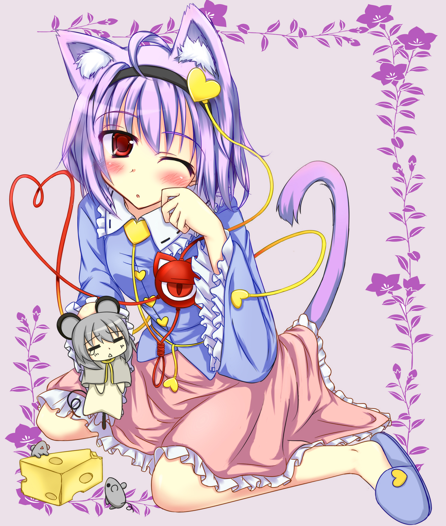hiiragi mitsuna, yuuma (noel), komeiji satori, nazrin, touhou, colorized, highres, 2girls, animal ears, cat ears, cat girl, cat tail, cheese, female focus, food, grey hair, hairband, heart, heart of string, kemonomimi mode, mouse (animal), mouse ears, mouse tail, multiple girls, purple hair, red eyes, short hair, tail