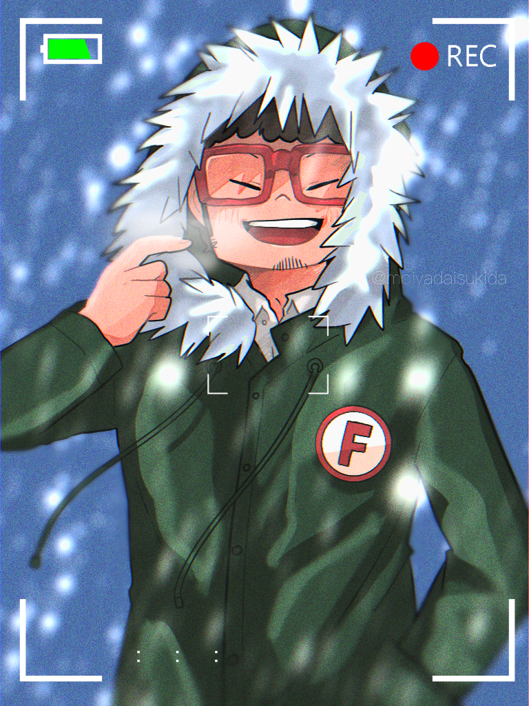 ouka (gegege 853suki), franky franklin, spy x family, commentary request, 1boy, ^ ^, battery indicator, beard stubble, black hair, blush, closed eyes, coat, drawstring, facial hair, fur-trimmed hood, fur trim, green coat, hand in pocket, happy, hood, hood up, hooded coat, male focus, open mouth, outdoors, pointing, pointing at self, recording, smile, snowing, solo, square jawline, stubble, teeth, twitter username, upper body, upper teeth only, viewfinder, winter