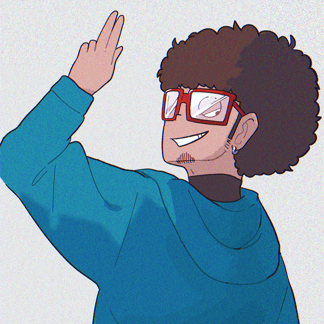 ouka (gegege 853suki), franky franklin, spy x family, commentary request, highres, 1boy, afro, beard stubble, black eyes, black hair, blue hoodie, earrings, facial hair, film grain, from behind, glasses, grey background, grin, hood, hood down, hoodie, jewelry, long sleeves, looking back, lowered eyelids, male focus, red-framed eyewear, short hair, smile, solo, square jawline, stubble, upper body