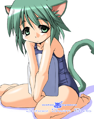 tonpuu, original, lowres, animal ears, barefoot, cat ears, cat tail, feet, green eyes, green hair, one-piece swimsuit, school swimsuit, short hair, solo, swimsuit, tail