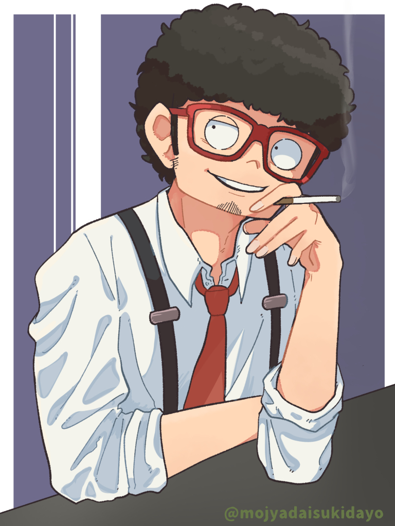 ouka (gegege 853suki), franky franklin, spy x family, commentary request, 1boy, afro, arm rest, beard stubble, black hair, border, cigarette, collared shirt, elbow rest, facial hair, glasses, holding, holding cigarette, male focus, necktie, open mouth, red-framed eyewear, red necktie, shirt, short hair, smile, smoke, smoke trail, smoking, solo, square jawline, stubble, suspenders, three-quarter sleeves, twitter username, upper body, white border, white shirt