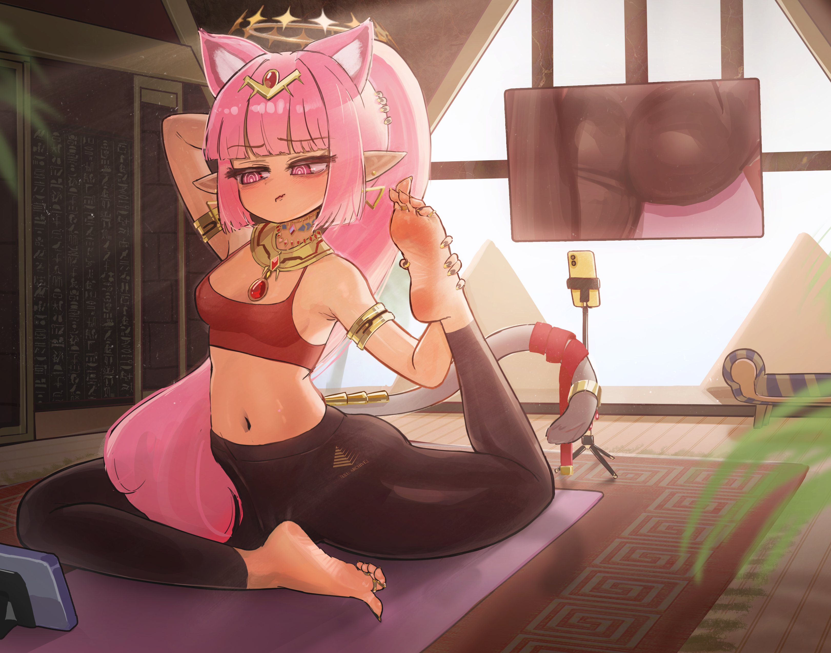 guunerd3v, isuress (vtuber), indie virtual youtuber, absurdres, highres, 1girl, animal ears, ass, barefoot, blush, cat ears, cat tail, feet, long hair, pants, pink eyes, pink hair, pointy ears, soles, stretching, tail, toes, yoga, yoga pants