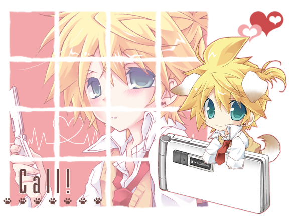 96mame, kagamine len, vocaloid, bad id, bad pixiv id, 1boy, animal ears, aqua eyes, blonde hair, cellphone, chibi, dog ears, dog tail, dual persona, heart, male focus, necktie, phone, red necktie, solo, tail